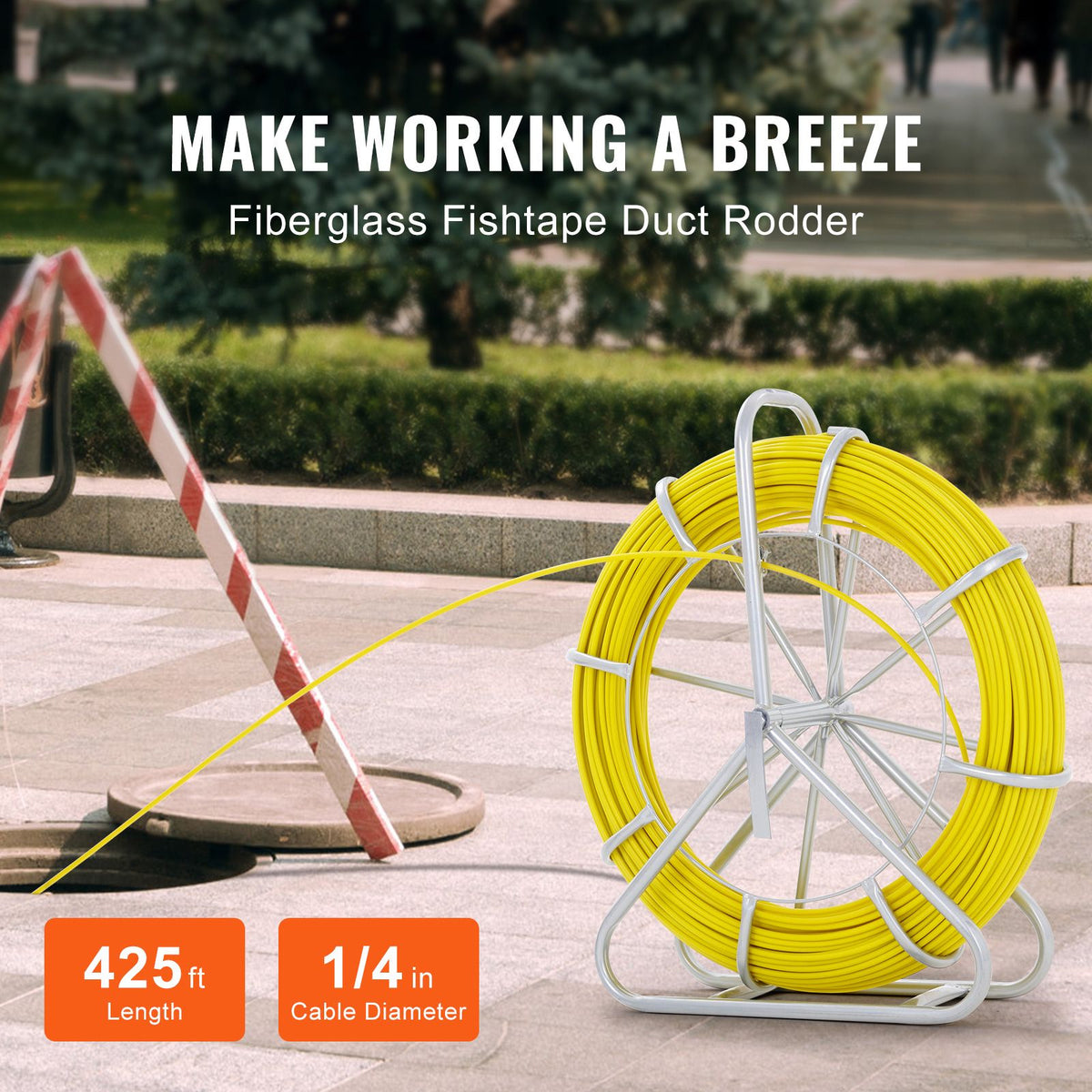 Fish Tape Fiberglass, 425 ft, 1/4 inch, Duct Rodder Fishtape Wire Puller, Cable Running Rod with Steel Reel Stand, 3 Pulling Heads, Fishing Tools for Walls and Electrical Conduit, Non-Conductive