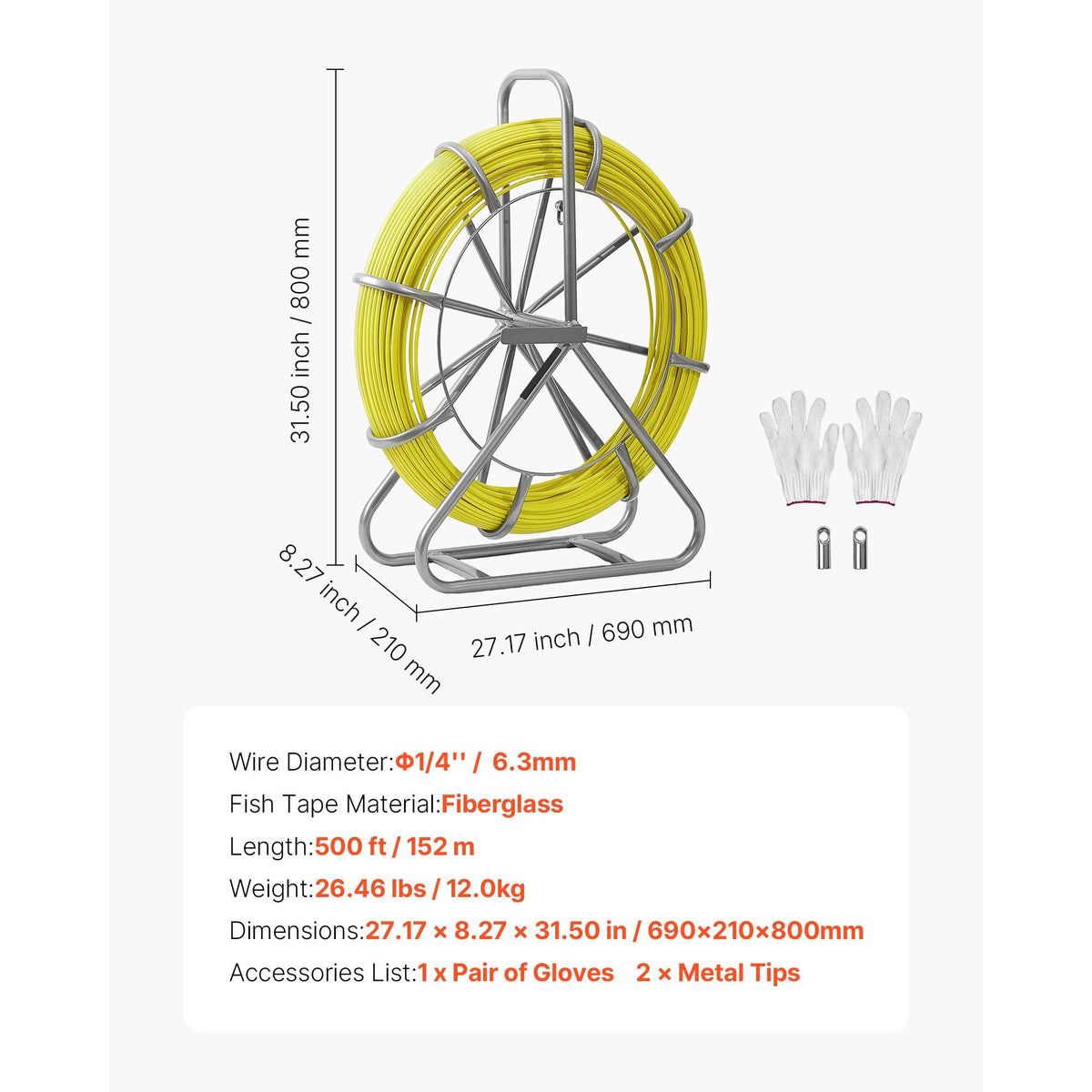 Fish Tape Fiberglass, 500FT 6.3MM, Duct Rodder Fishtape Wire Puller with Stand, 1/4-Inch Cable Running Rod, Marked Every 5 Feet, Fishing Tools for Walls and Electrical Conduit, Non-Conductive