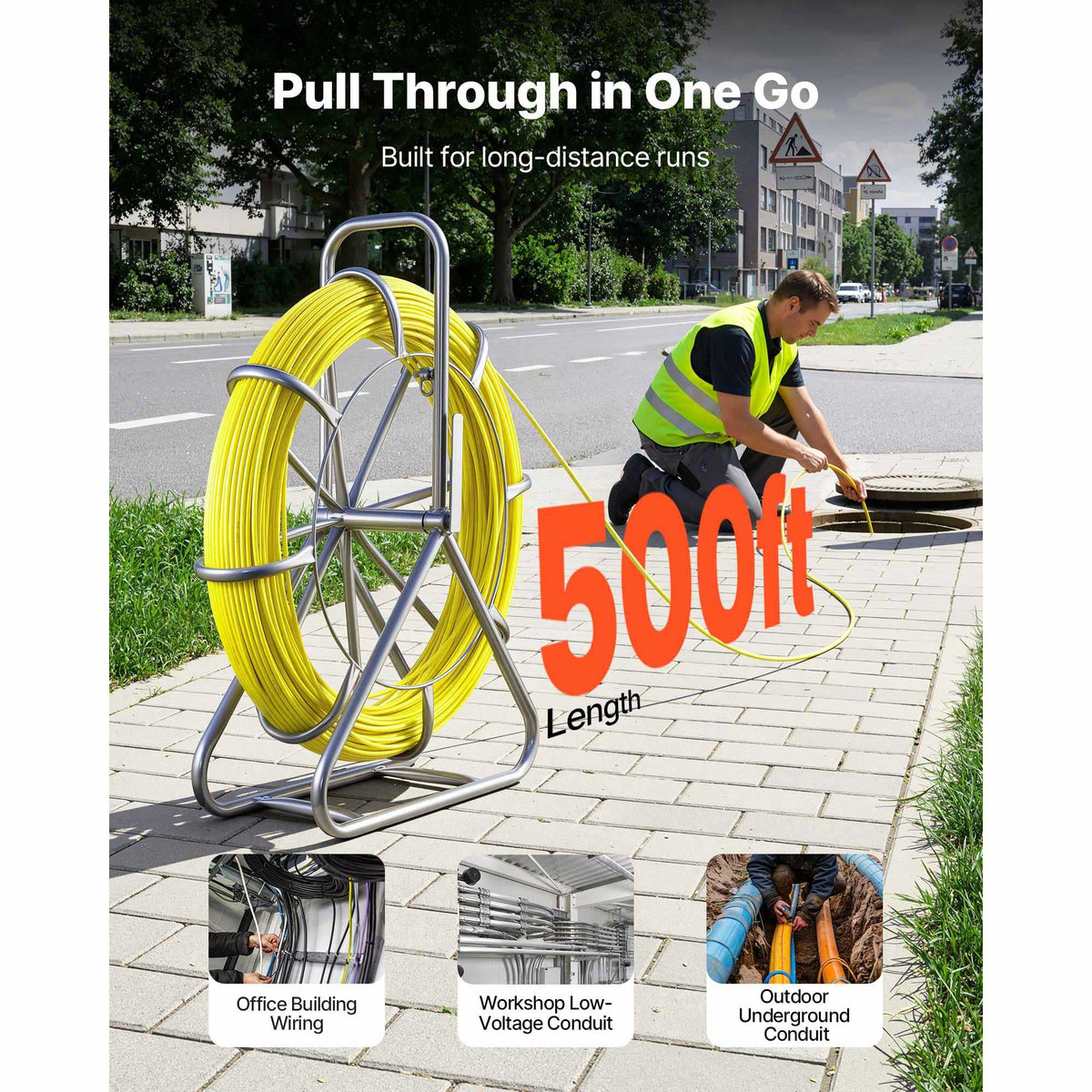 Fish Tape Fiberglass, 500FT 6.3MM, Duct Rodder Fishtape Wire Puller with Stand, 1/4-Inch Cable Running Rod, Marked Every 5 Feet, Fishing Tools for Walls and Electrical Conduit, Non-Conductive