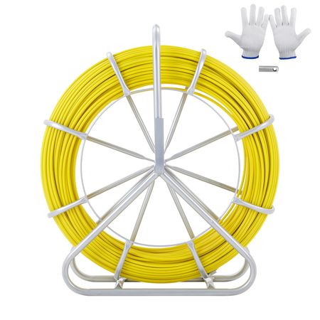Fish Tape Fiberglass, 600 ft, 5/16 in, Duct Rodder Fishtape Wire Puller, Cable Running Rod with Steel Reel Stand, 3 Pulling Heads, Fishing Tools for Walls and Electrical Conduit, Non-Conductive