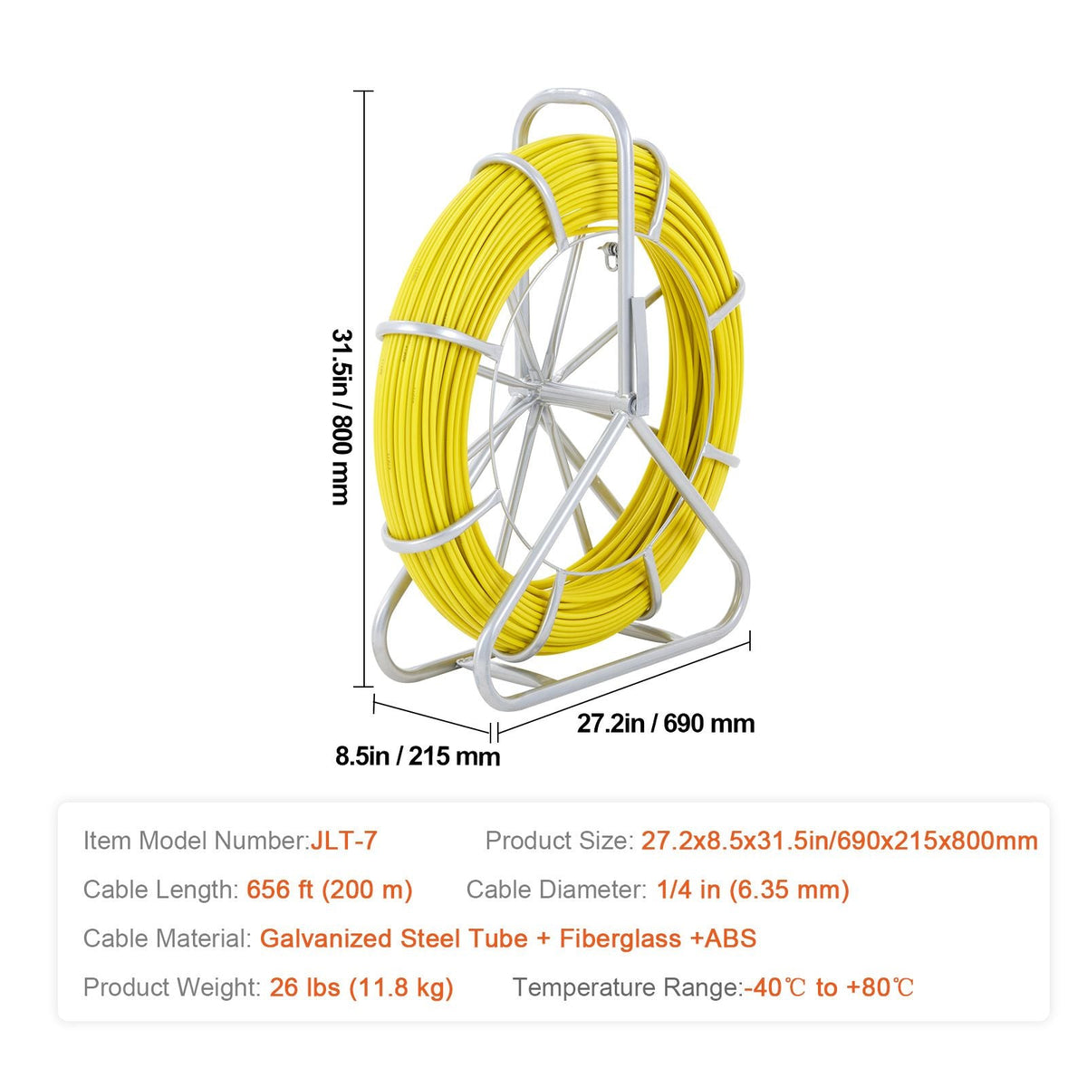Fish Tape Fiberglass, 656 ft, 1/4 inch, Duct Rodder Fishtape Wire Puller, Cable Running Rod with Steel Reel Stand, 3 Pulling Heads, Fishing Tools for Walls and Electrical Conduit, Non-Conductive