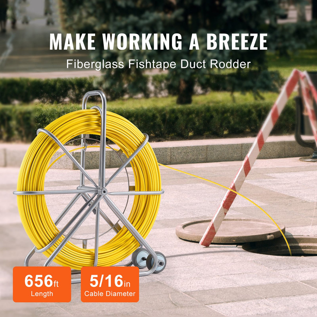 Fish Tape Fiberglass, 656 ft, 5/16 in, Duct Rodder Fishtape Wire Puller, Cable Running Rod with Steel Reel Stand, 3 Pulling Heads, Fishing Tools for Walls and Electrical Conduit, Non-Conductive