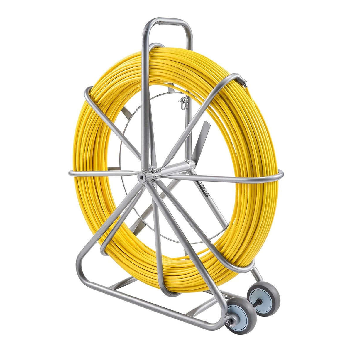 Fish Tape Fiberglass, 656 ft, 5/16 in, Duct Rodder Fishtape Wire Puller, Cable Running Rod with Steel Reel Stand, 3 Pulling Heads, Fishing Tools for Walls and Electrical Conduit, Non-Conductive