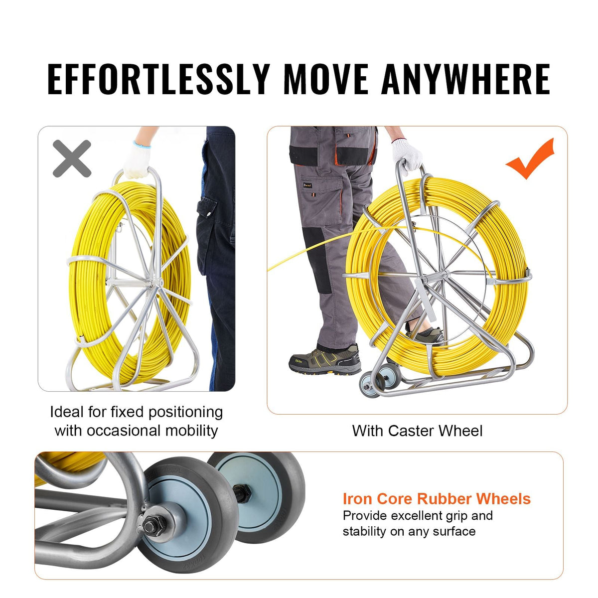 Fish Tape Fiberglass, 656 ft, 5/16 in, Duct Rodder Fishtape Wire Puller, Cable Running Rod with Steel Reel Stand, 3 Pulling Heads, Fishing Tools for Walls and Electrical Conduit, Non-Conductive
