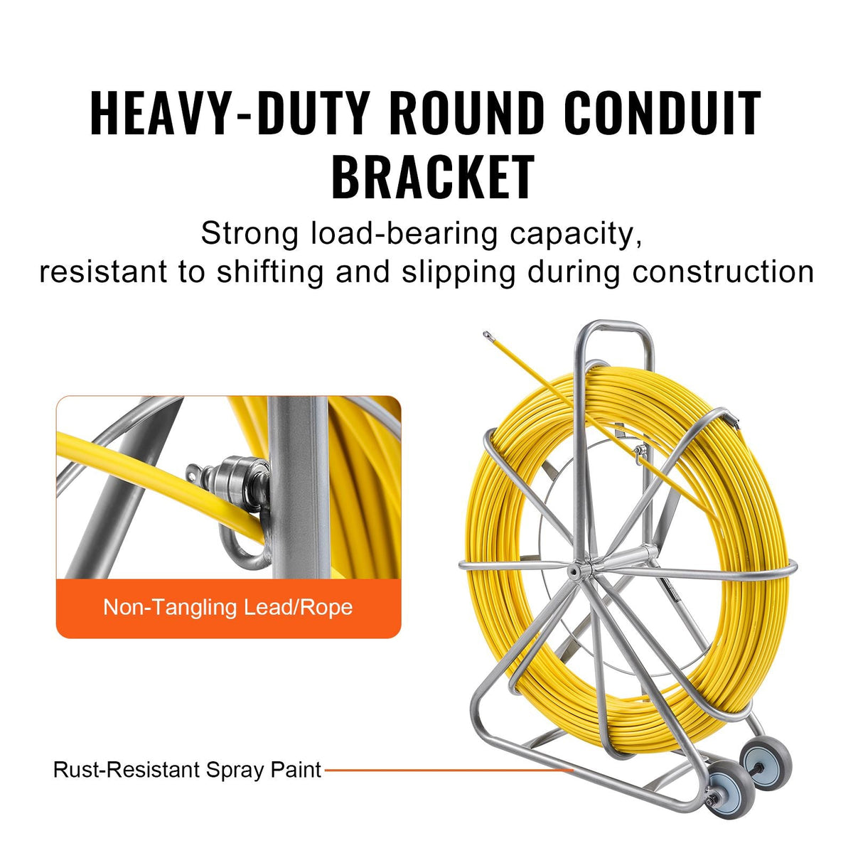 Fish Tape Fiberglass, 656 ft, 5/16 in, Duct Rodder Fishtape Wire Puller, Cable Running Rod with Steel Reel Stand, 3 Pulling Heads, Fishing Tools for Walls and Electrical Conduit, Non-Conductive