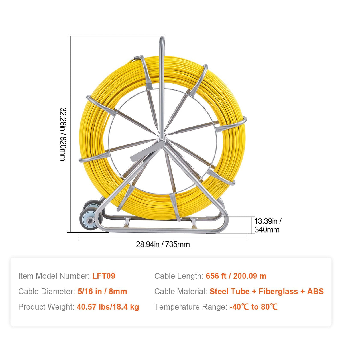 Fish Tape Fiberglass, 656 ft, 5/16 in, Duct Rodder Fishtape Wire Puller, Cable Running Rod with Steel Reel Stand, 3 Pulling Heads, Fishing Tools for Walls and Electrical Conduit, Non-Conductive