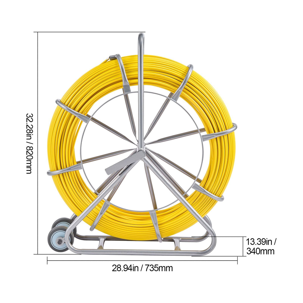Fish Tape Fiberglass, 656 ft, 5/16 in, Duct Rodder Fishtape Wire Puller, Cable Running Rod with Steel Reel Stand, 3 Pulling Heads, Fishing Tools for Walls and Electrical Conduit, Non-Conductive