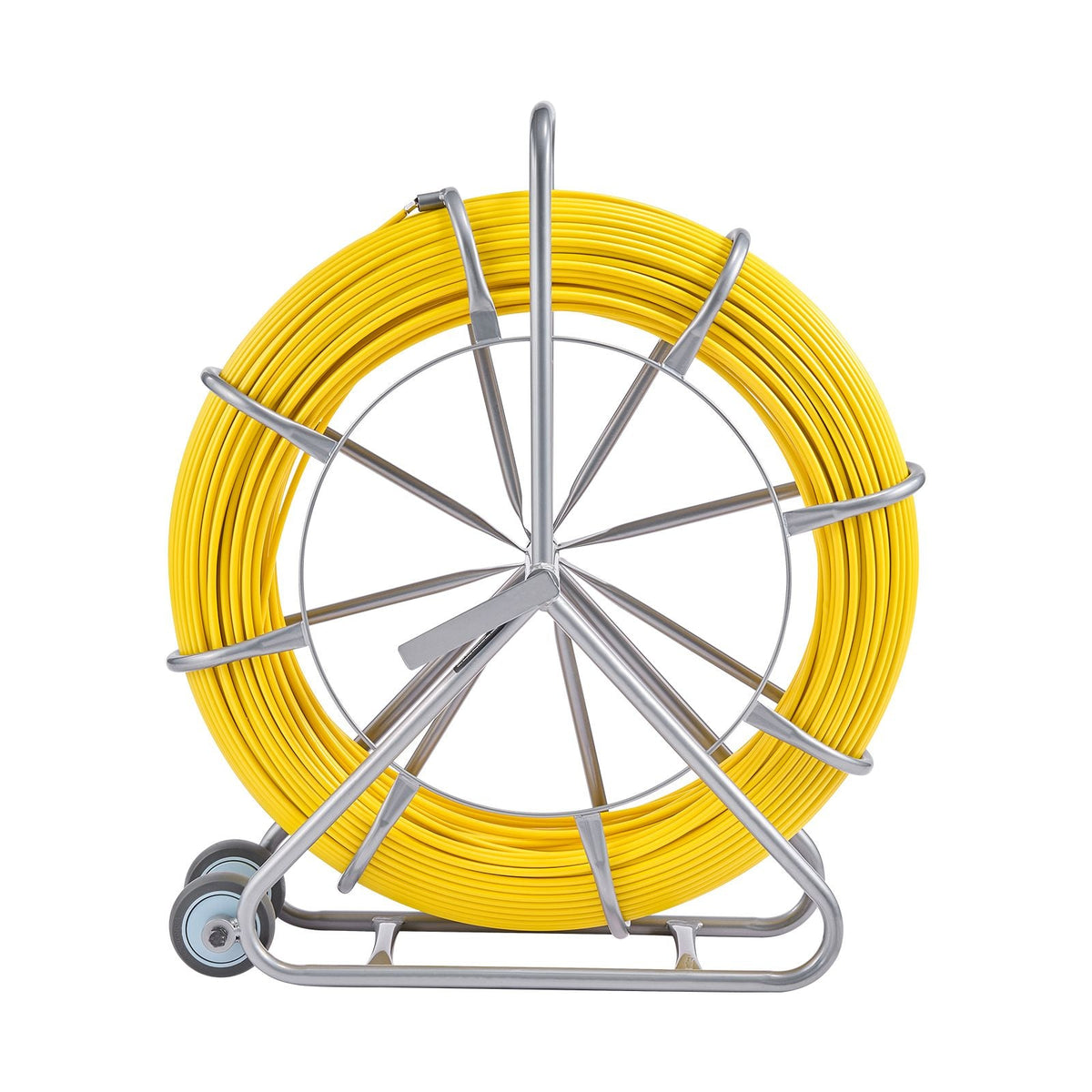 Fish Tape Fiberglass, 656 ft, 5/16 in, Duct Rodder Fishtape Wire Puller, Cable Running Rod with Steel Reel Stand, 3 Pulling Heads, Fishing Tools for Walls and Electrical Conduit, Non-Conductive