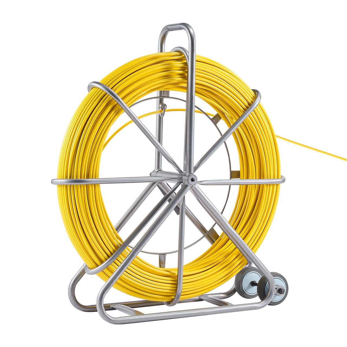 Fish Tape Fiberglass, 656 ft, 5/16 in, Duct Rodder Fishtape Wire Puller, Cable Running Rod with Steel Reel Stand, 3 Pulling Heads, Fishing Tools for Walls and Electrical Conduit, Non-Conductive