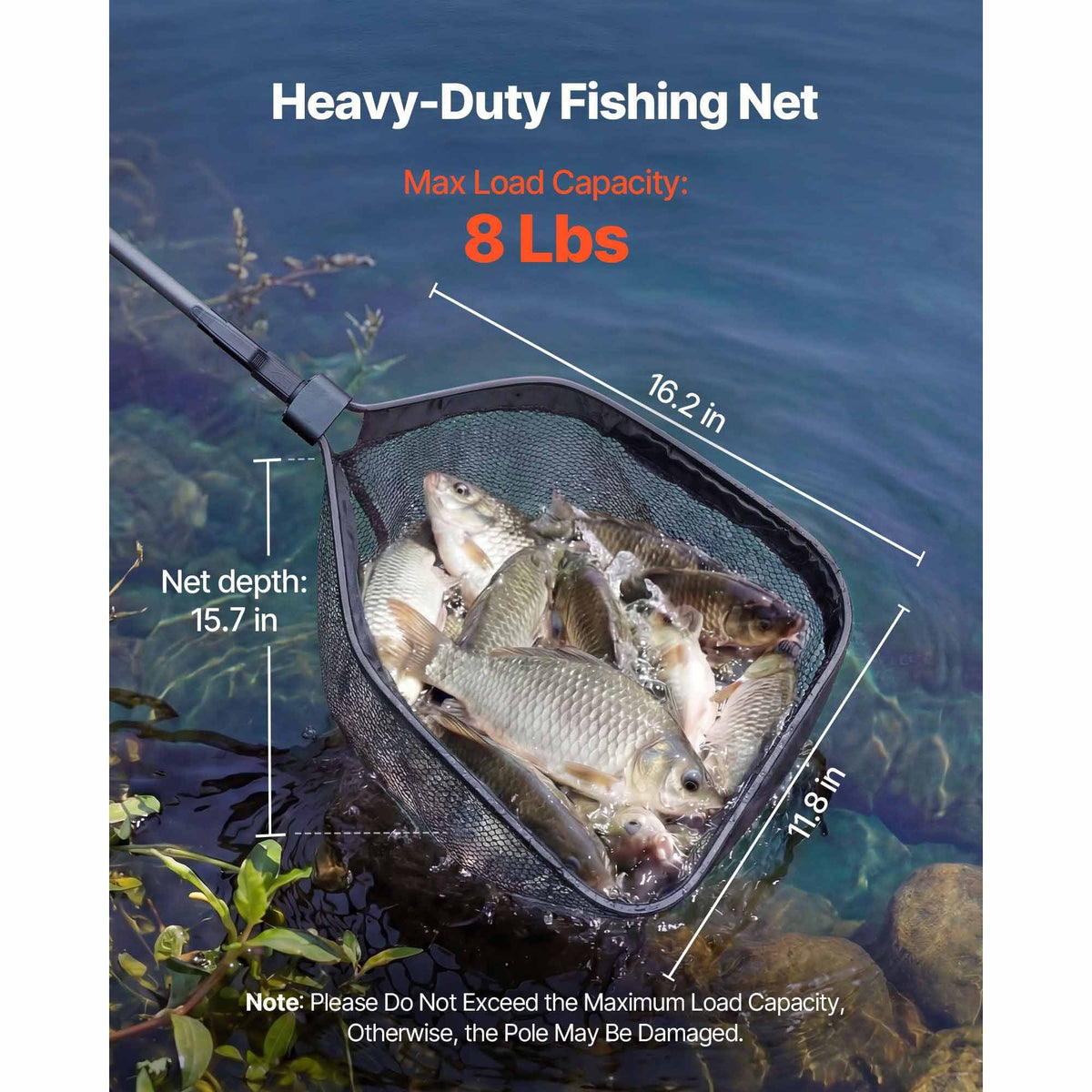 Fishing Net, Foldable Landing Nets with Telescopic Handle, Portable Lightweight Carbon Fiber Long Fish Gear, Nylon Covered PVC, Durable and Fish-friendly, for Kayak Boat Bank Pond, Gifts for Men