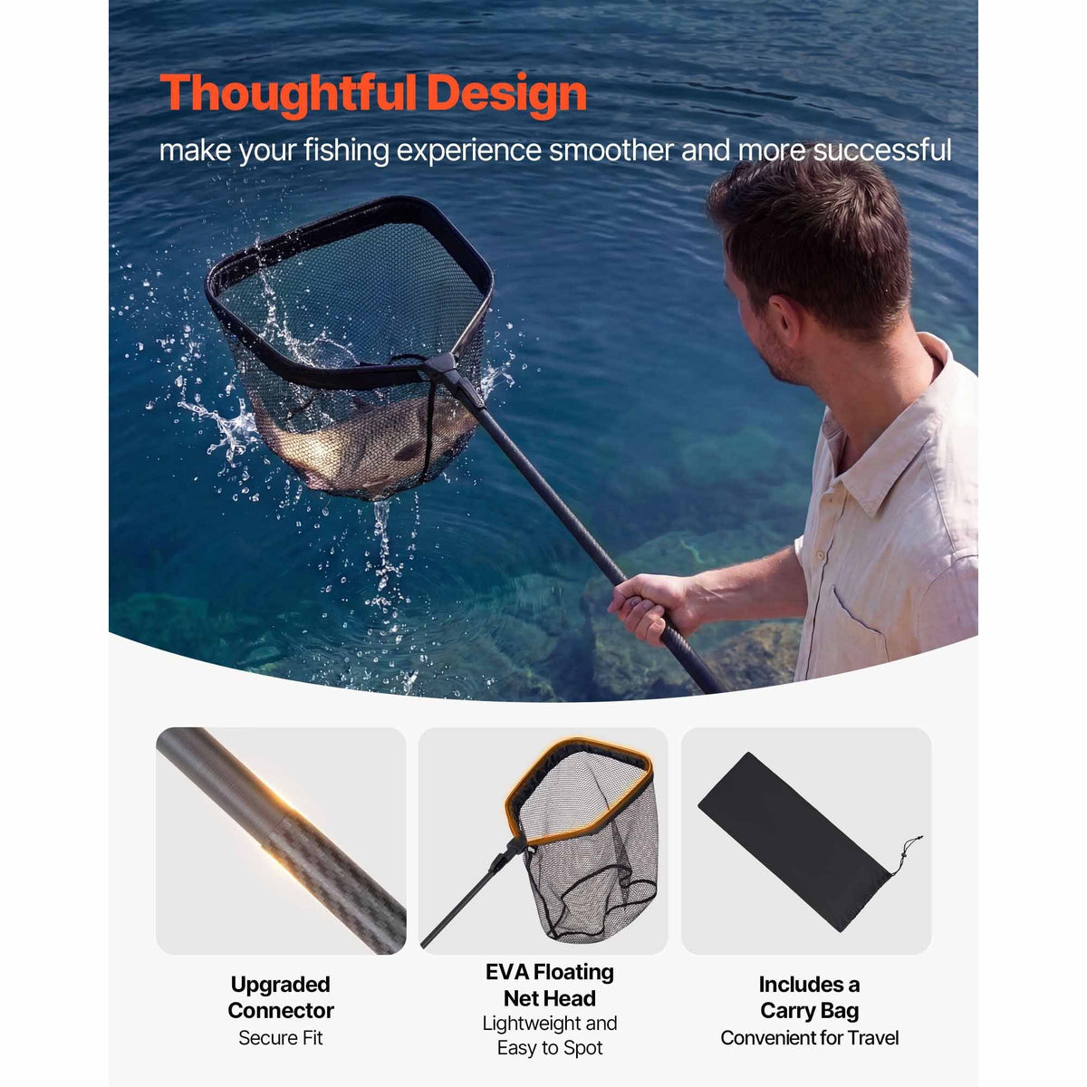 Fishing Net, Foldable Landing Nets with Telescopic Handle, Portable Lightweight Carbon Fiber Long Fish Gear, Nylon Covered PVC, Durable and Fish-friendly, for Kayak Boat Bank Pond, Gifts for Men