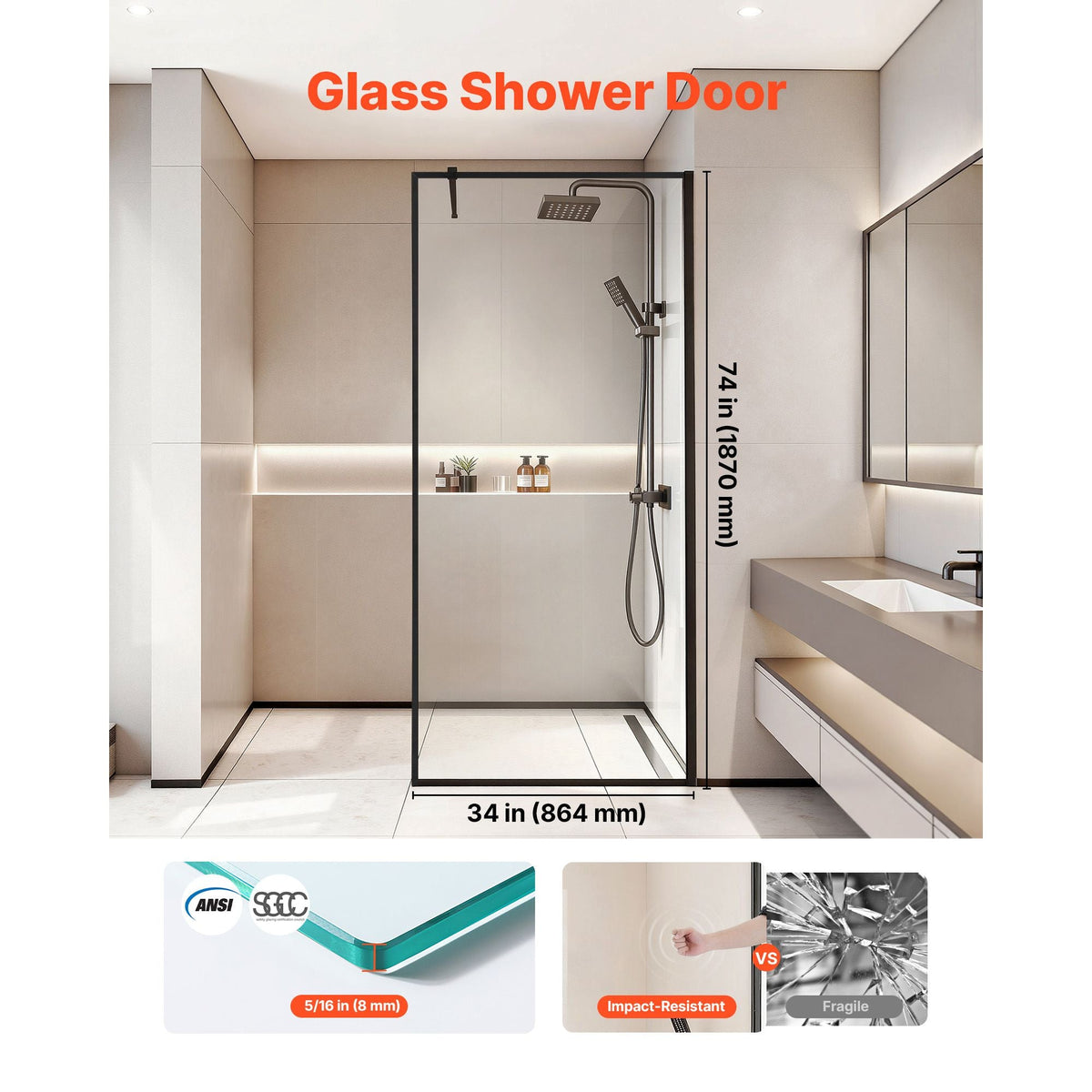 Fixed Glass Shower Panel, 34 x 73.6 in Full-Framed Fixed Shower Screen, 5/16 in Thick Clear Tempered Glass Door with Bottom Seal Strip and Hardware, Easy to Clean, for Bathroom, Matte Black