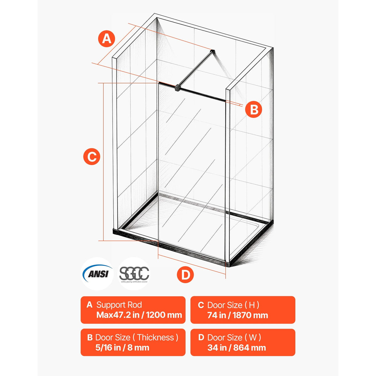 Fixed Glass Shower Panel, 34 x 73.6 in Full-Framed Fixed Shower Screen, 5/16 in Thick Clear Tempered Glass Door with Bottom Seal Strip and Hardware, Easy to Clean, for Bathroom, Matte Black
