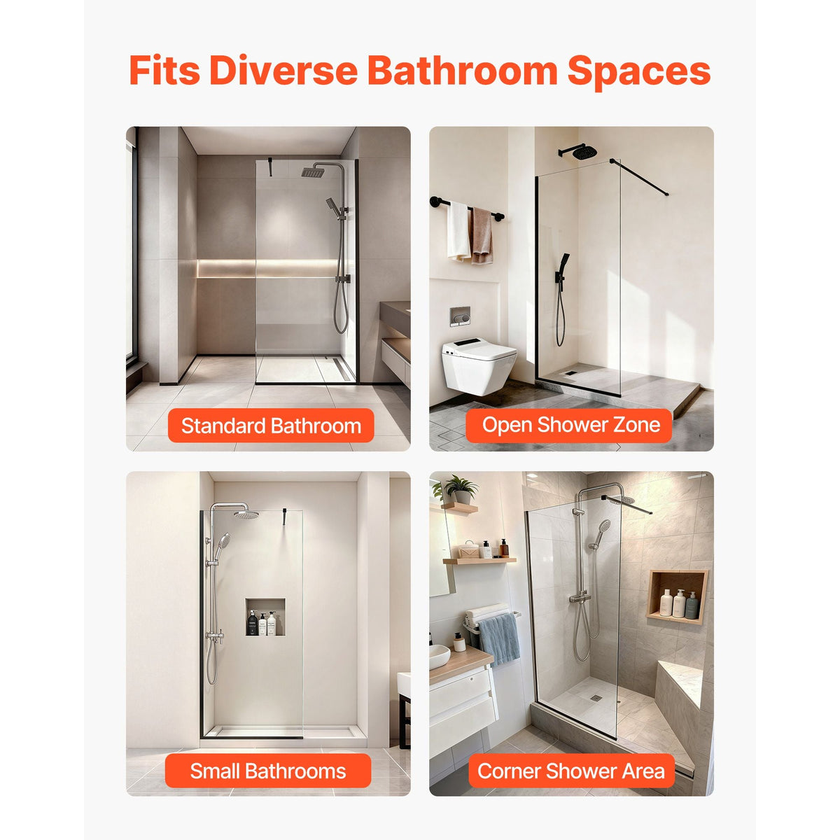Fixed Glass Shower Panel, 34 x 73.6 in Semi-Framed Fixed Shower Screen, 5/16 in Thick Clear Tempered Glass Door with Bottom Seal Strip and Hardware, Easy to Clean, for Bathroom, Matte Black