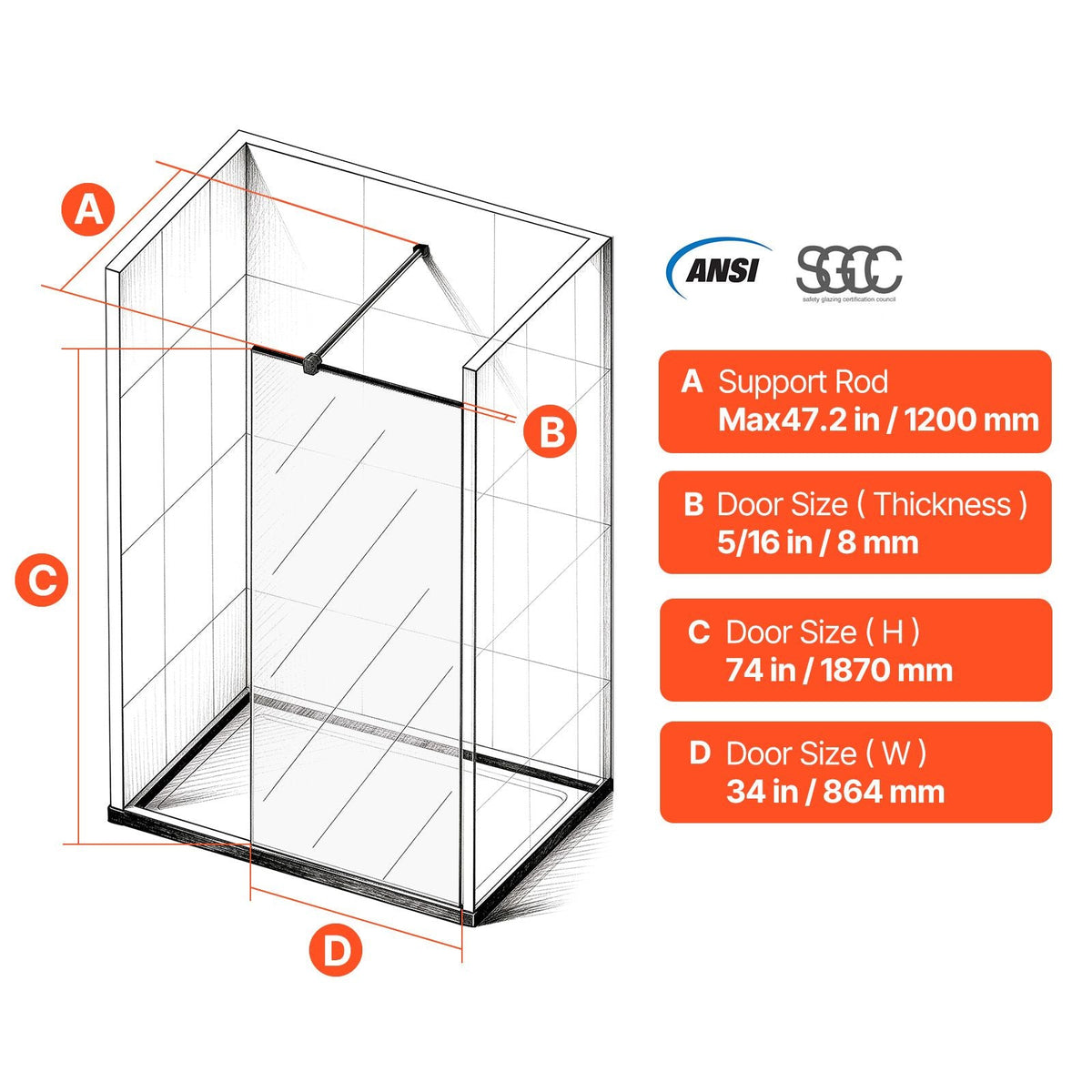 Fixed Glass Shower Panel, 34 x 73.6 in Semi-Framed Fixed Shower Screen, 5/16 in Thick Clear Tempered Glass Door with Bottom Seal Strip and Hardware, Easy to Clean, for Bathroom, Matte Black
