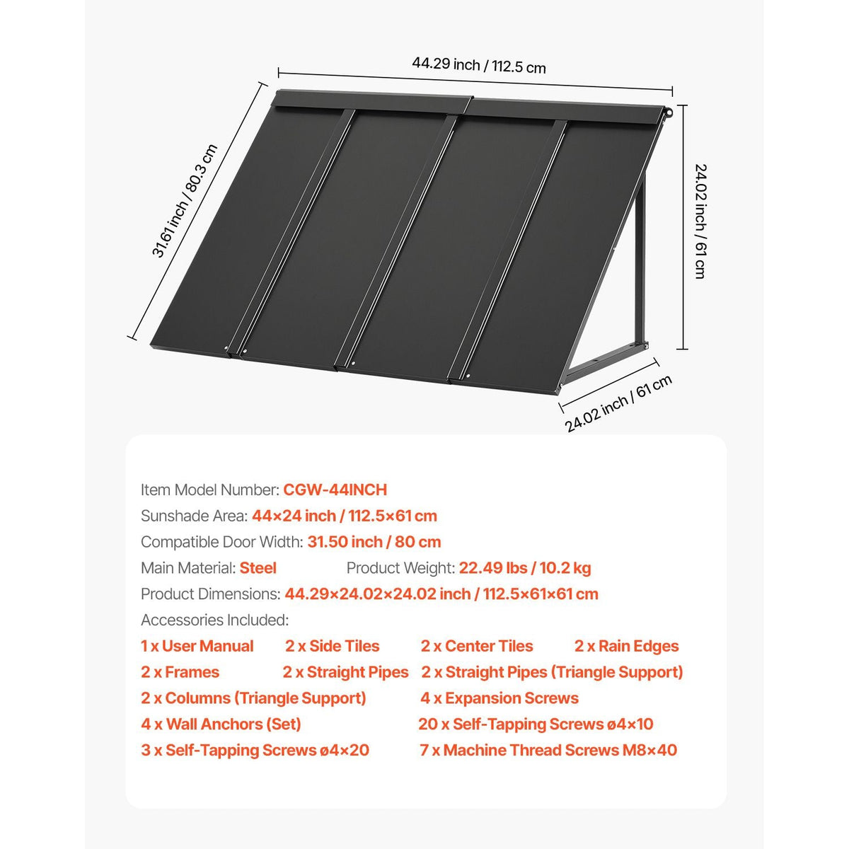 Fixed Metal Awning 44 x 24 in, Window Awning Door Canopy, Stable Triangle Steel Frame Awnings for Doors Exterior Rain, and Snow Sunlight Protection for Door Entrance, Windows, Porches, Balconies