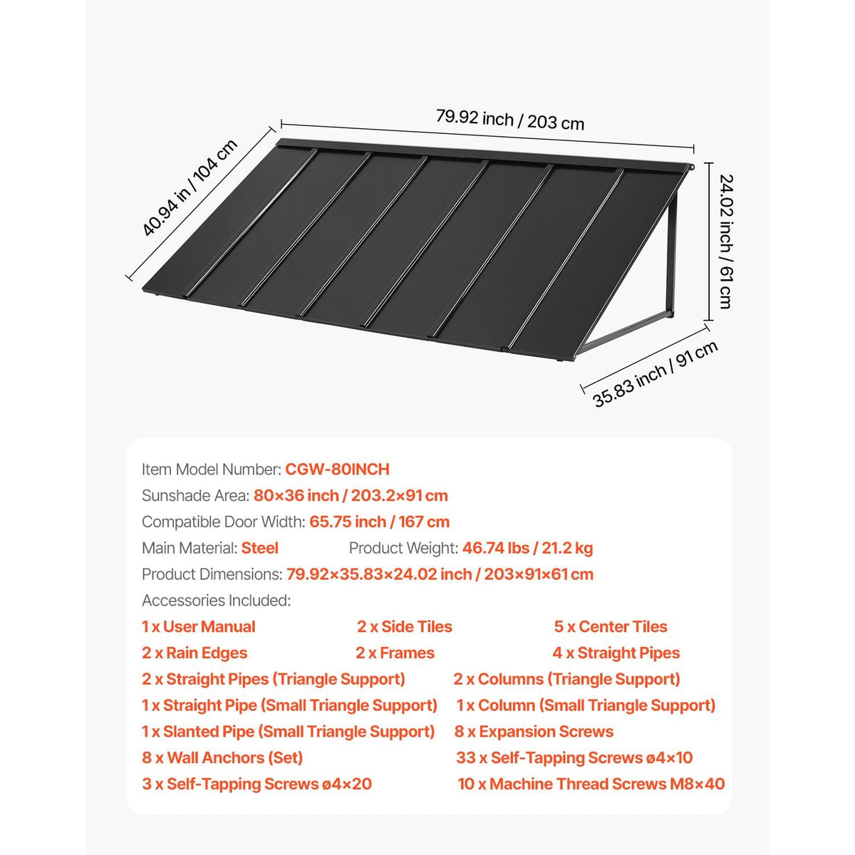 Fixed Metal Awning 80 x 36 in, Window Awning Door Canopy, Stable Triangle Steel Frame Exterior Awnings Rain, and Snow Sunlight Protection for Door Entrance, Windows, Porches, Balconies