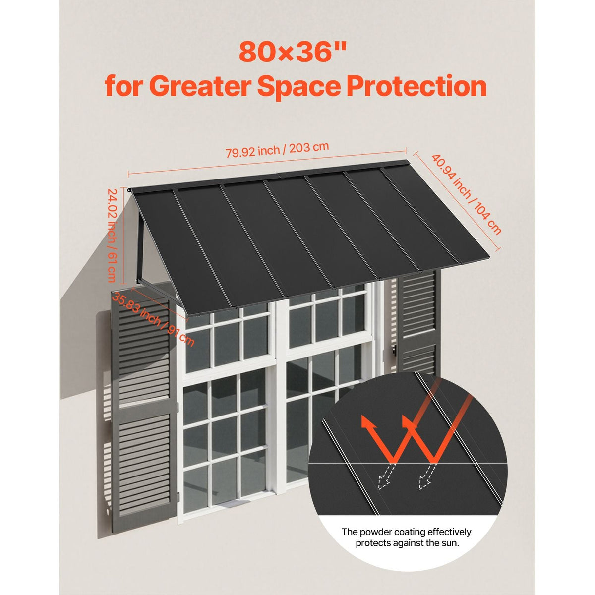 Fixed Metal Awning 80 x 36 in, Window Awning Door Canopy, Stable Triangle Steel Frame Exterior Awnings Rain, and Snow Sunlight Protection for Door Entrance, Windows, Porches, Balconies