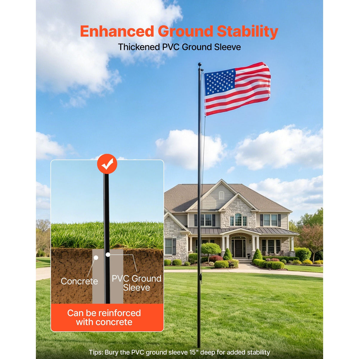 Flag Pole, 20ft Heavy Duty Sectional Flagpole Kit for Outside House In Ground, Extra Thick Outdoor Aluminum Flagpole Kit with 3x5 American Flag for Yard, Residential or Commercial Use, Black
