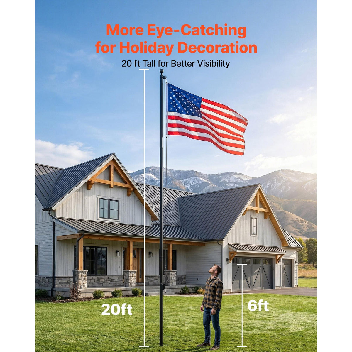 Flag Pole, 20ft Heavy Duty Sectional Flagpole Kit for Outside House In Ground, Extra Thick Outdoor Aluminum Flagpole Kit with 3x5 American Flag for Yard, Residential or Commercial Use, Black