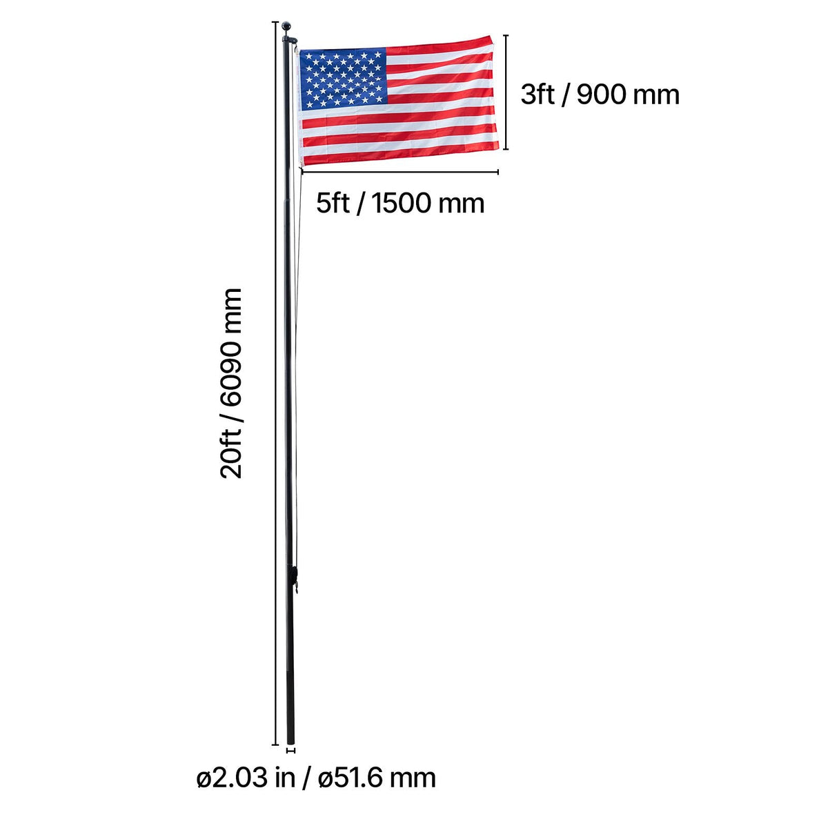 Flag Pole, 20ft Heavy Duty Sectional Flagpole Kit for Outside House In Ground, Extra Thick Outdoor Aluminum Flagpole Kit with 3x5 American Flag for Yard, Residential or Commercial Use, Black