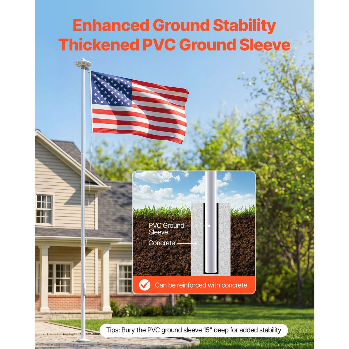Flag Pole, 20ft Heavy Duty Sectional Flagpole Kit with 136 LED Solar Light for Outside House In Ground, Outdoor Aluminum Flagpole with 3x5 American Flag for Yard, Residential, Commercial, Silver