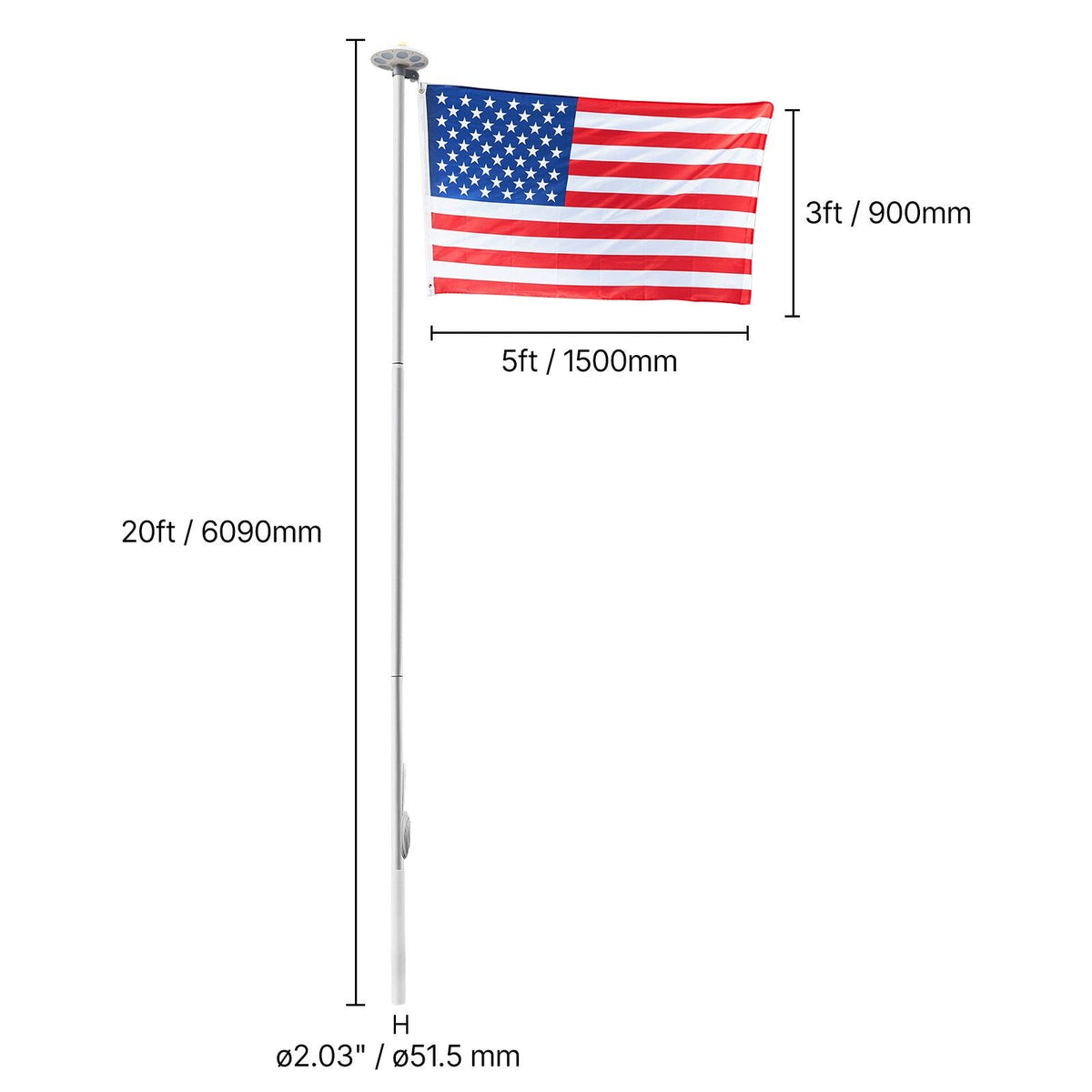Flag Pole, 20ft Heavy Duty Sectional Flagpole Kit with 136 LED Solar Light for Outside House In Ground, Outdoor Aluminum Flagpole with 3x5 American Flag for Yard, Residential, Commercial, Silver