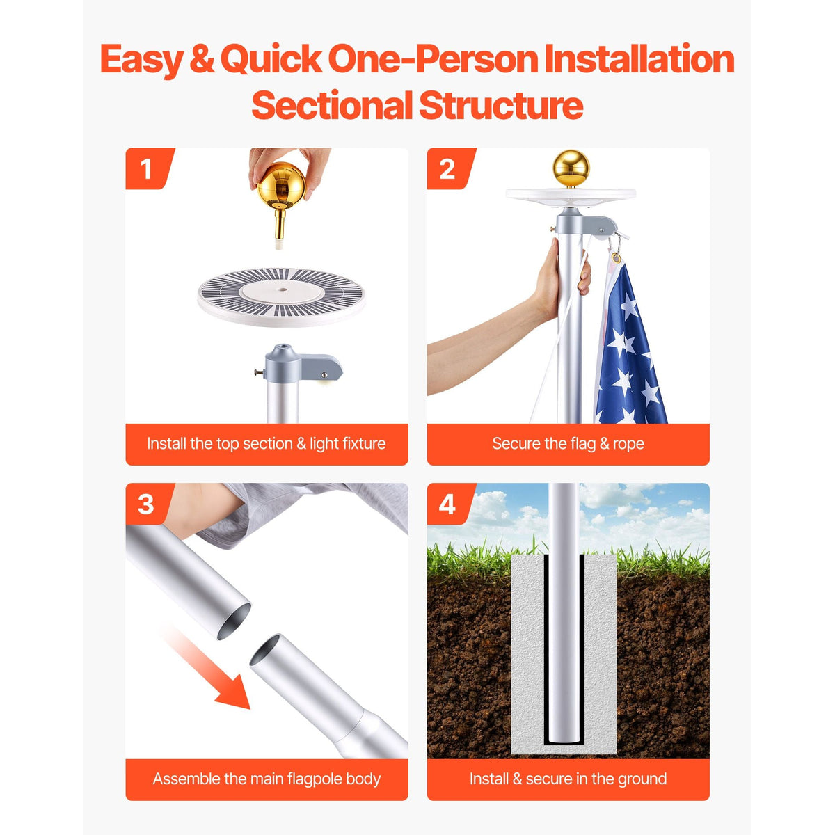 Flag Pole, 20ft Heavy Duty Sectional Flagpole Kit with 136 LED Solar Light for Outside House In Ground, Outdoor Aluminum Flagpole with 3x5 American Flag for Yard, Residential, Commercial, Silver