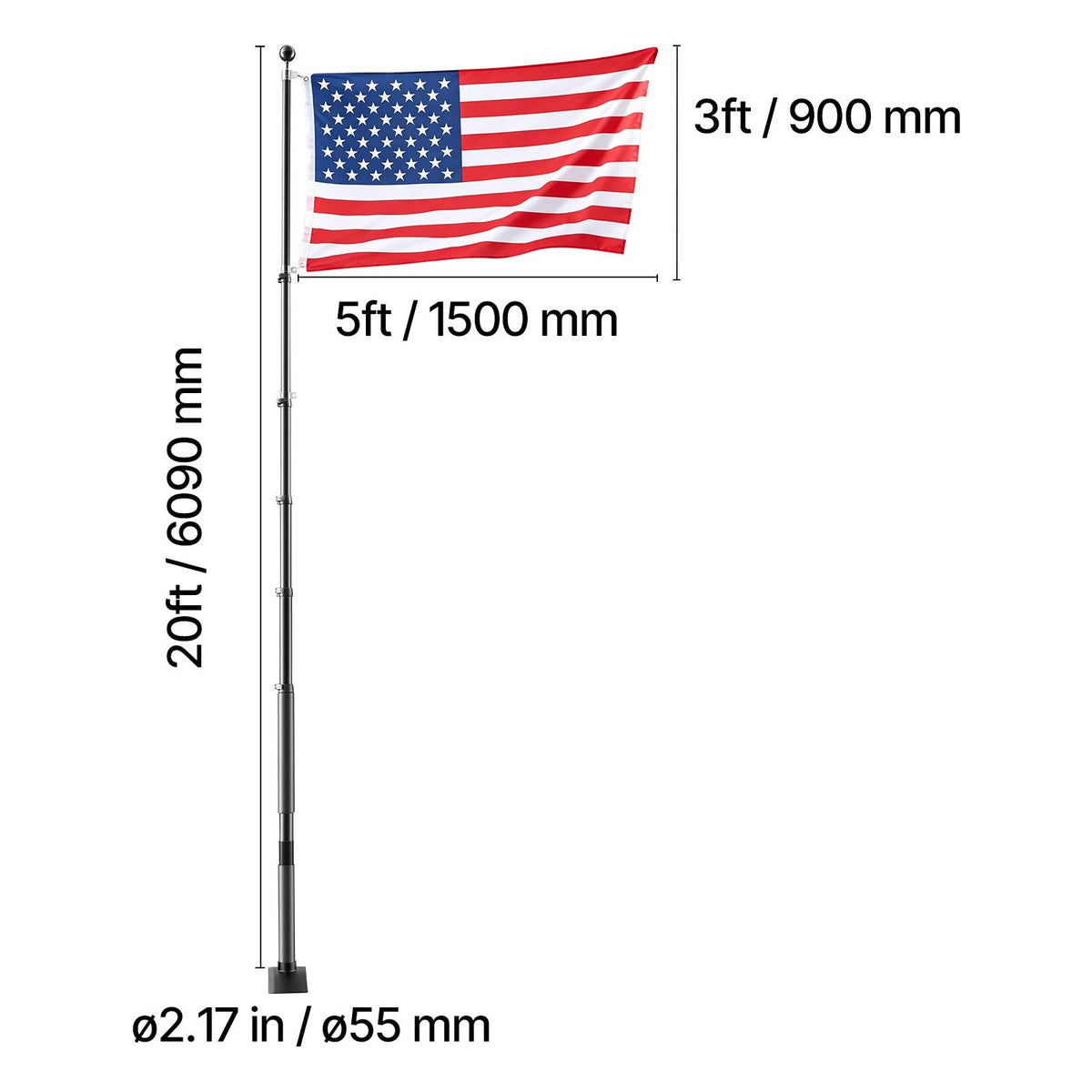 Flag Pole, 20ft Heavy Duty Telescopic Flagpole Kit with Mounting Base for Vehicles, Extra Thick Outdoor Aluminum Flagpole Kit with 3x5 American Flag for Sedans, Pickups, RVs, Food Trucks, Black