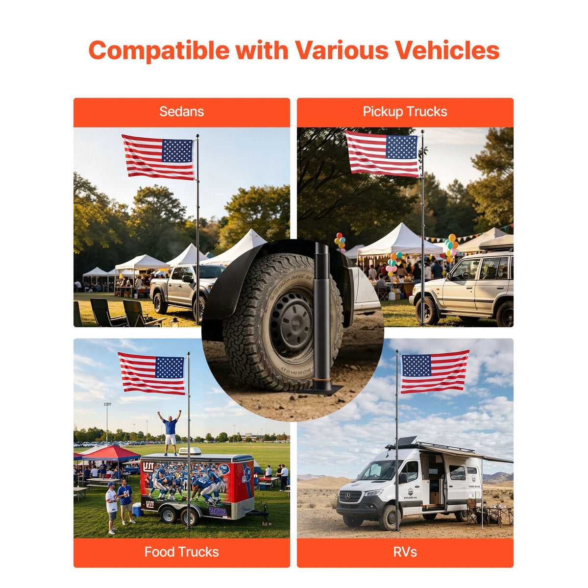 Flag Pole, 20ft Heavy Duty Telescopic Flagpole Kit with Mounting Base for Vehicles, Extra Thick Outdoor Aluminum Flagpole Kit with 3x5 American Flag for Sedans, Pickups, RVs, Food Trucks, Black