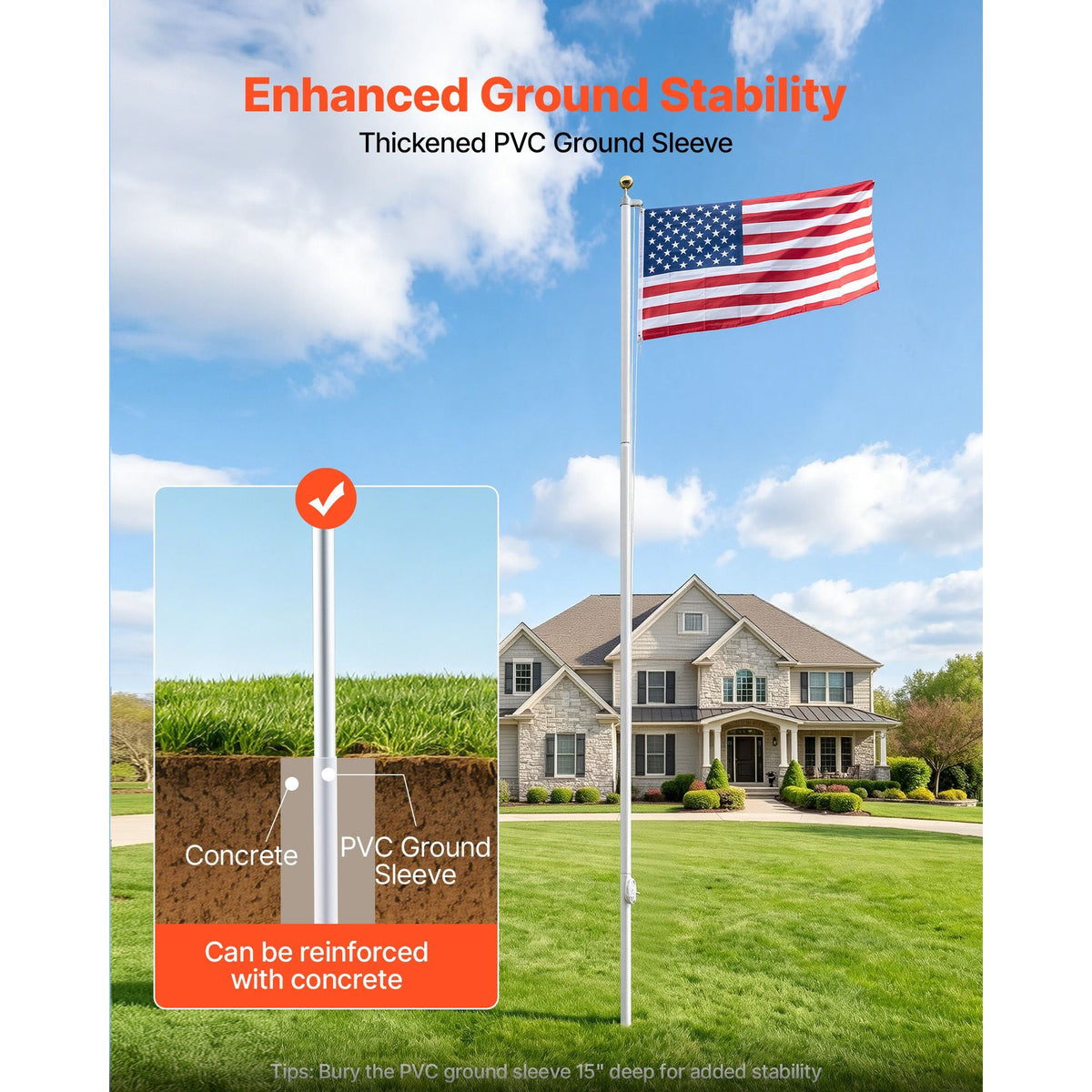 Flag Pole, 25ft Heavy Duty Sectional Flagpole Kit for Outside House In Ground, Extra Thick Outdoor Aluminum Flagpole Kit with 3x5 American Flag for Yard, Residential or Commercial Use, Silver
