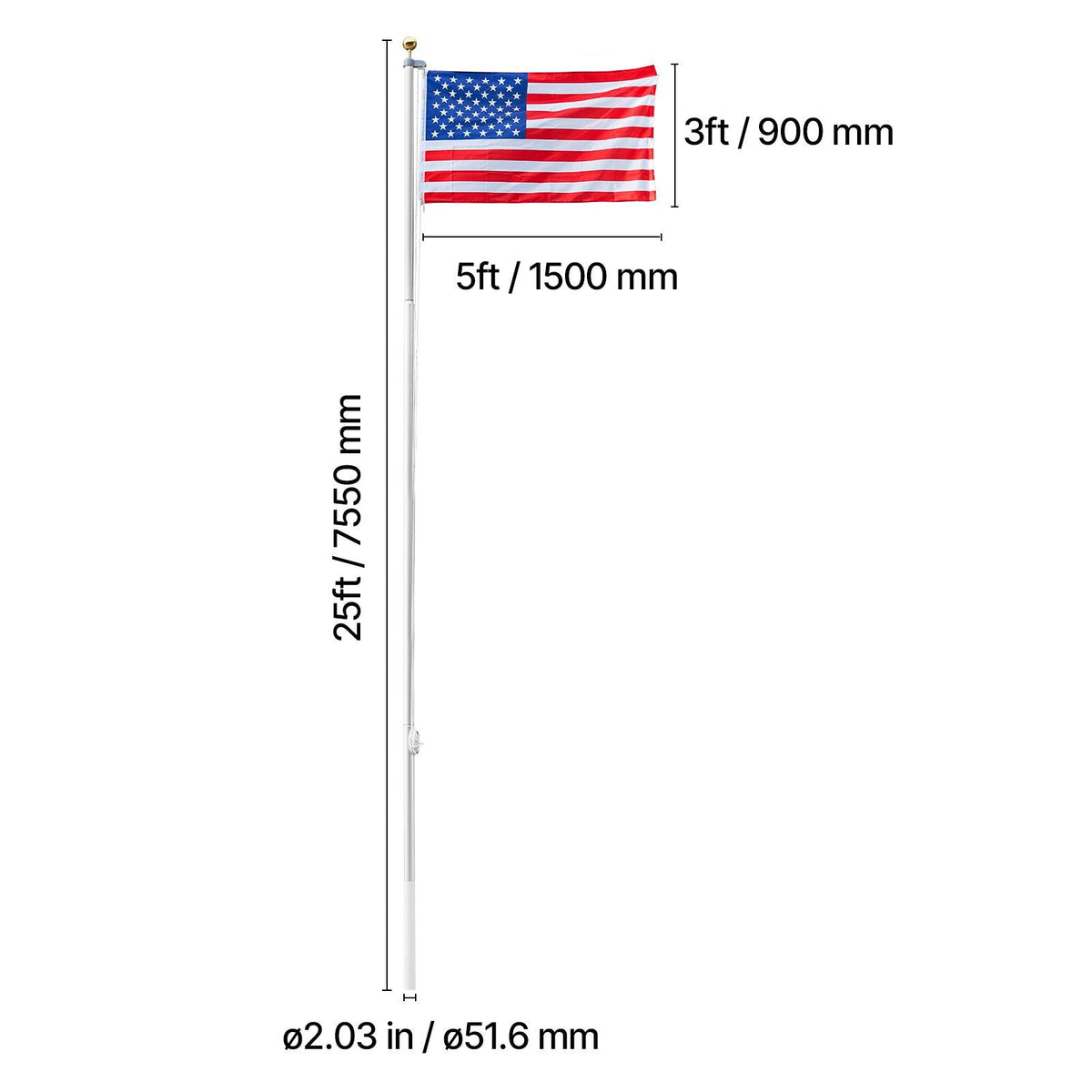 Flag Pole, 25ft Heavy Duty Sectional Flagpole Kit for Outside House In Ground, Extra Thick Outdoor Aluminum Flagpole Kit with 3x5 American Flag for Yard, Residential or Commercial Use, Silver