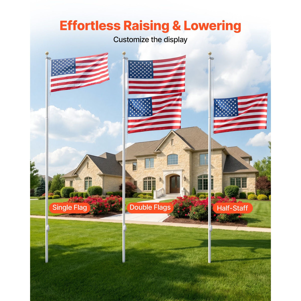 Flag Pole, 25ft Heavy Duty Sectional Flagpole Kit for Outside House In Ground, Extra Thick Outdoor Aluminum Flagpole Kit with 3x5 American Flag for Yard, Residential or Commercial Use, Silver