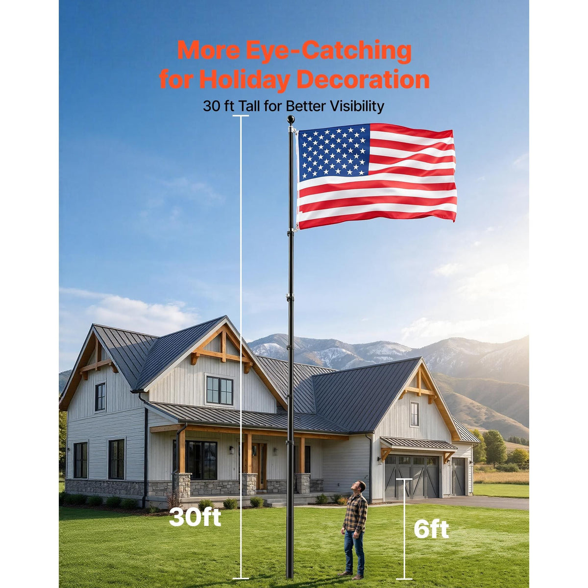 Flag Pole, 30ft Heavy Duty Telescopic Flagpole Kit for Outside House In Ground, Extra Thick Outdoor Aluminum Flagpole Kit with 3x5 American Flag for Yard, Residential or Commercial Use, Black