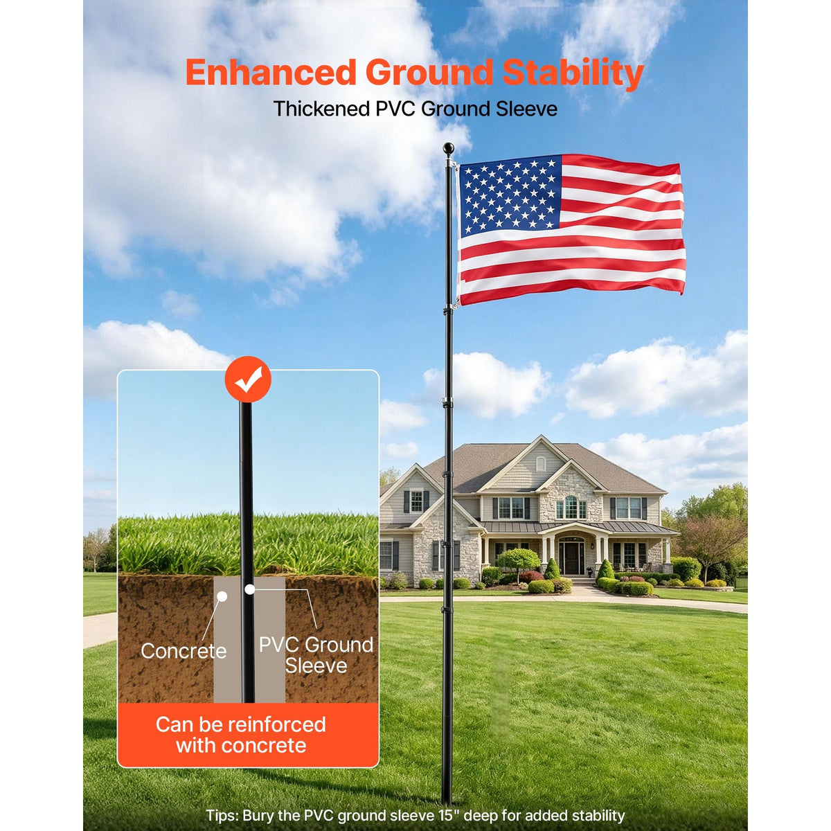Flag Pole, 30ft Heavy Duty Telescopic Flagpole Kit for Outside House In Ground, Extra Thick Outdoor Aluminum Flagpole Kit with 3x5 American Flag for Yard, Residential or Commercial Use, Black