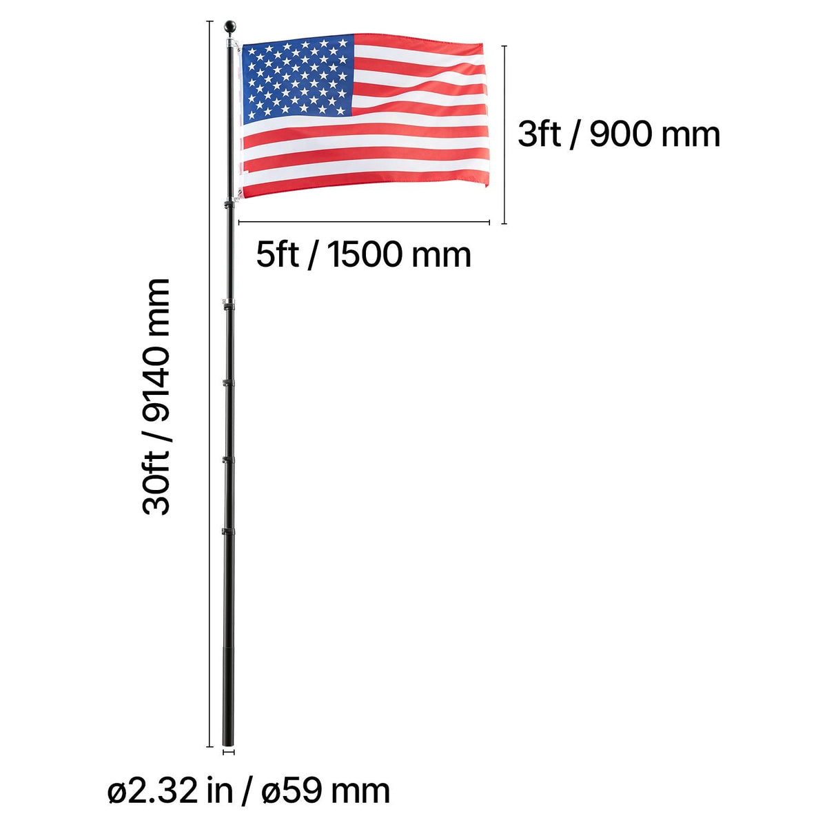 Flag Pole, 30ft Heavy Duty Telescopic Flagpole Kit for Outside House In Ground, Extra Thick Outdoor Aluminum Flagpole Kit with 3x5 American Flag for Yard, Residential or Commercial Use, Black