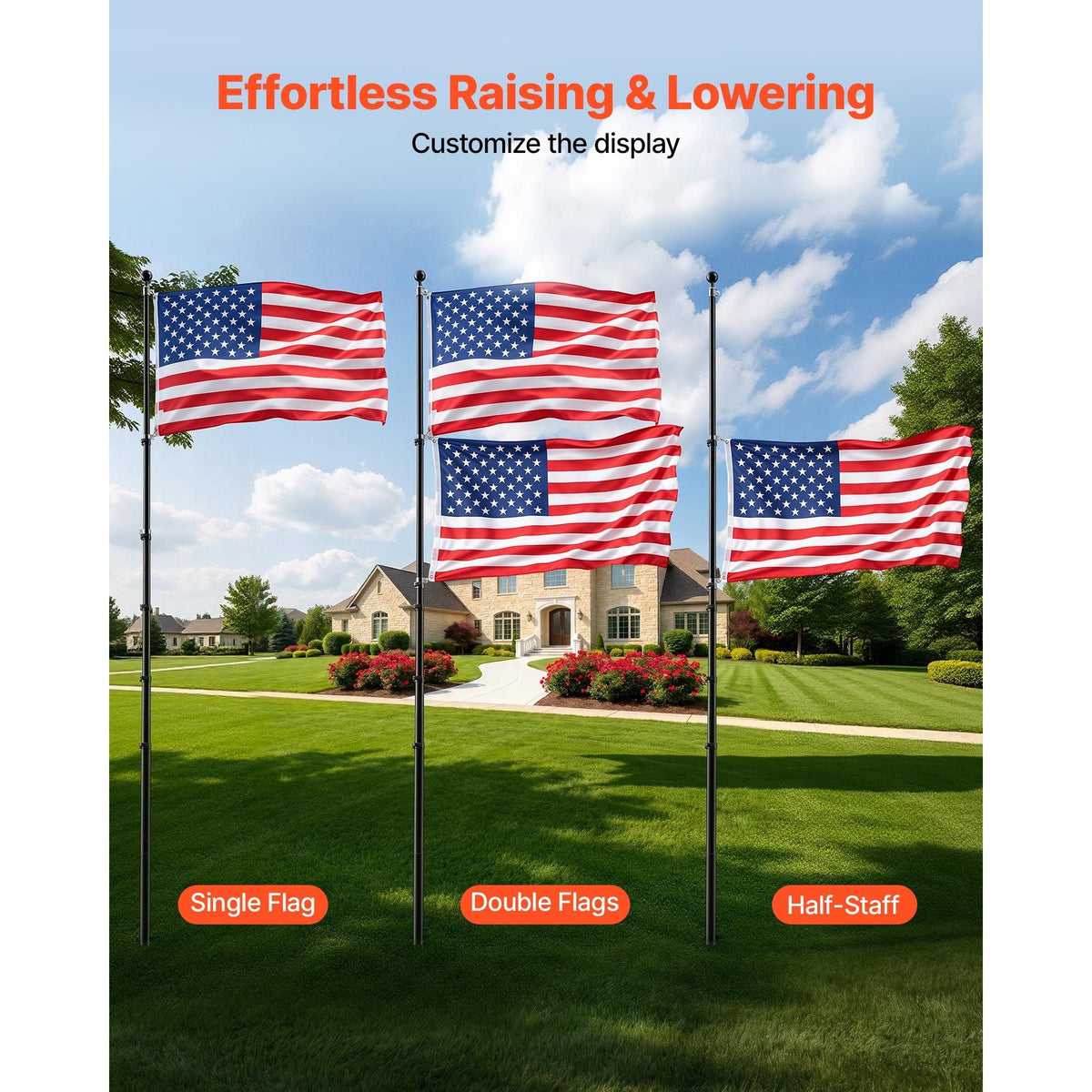 Flag Pole, 30ft Heavy Duty Telescopic Flagpole Kit for Outside House In Ground, Extra Thick Outdoor Aluminum Flagpole Kit with 3x5 American Flag for Yard, Residential or Commercial Use, Black