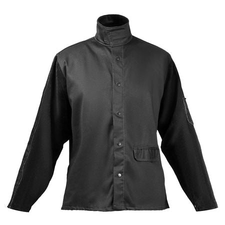 Flame-Resistant Welding Jacket - L Size, Heavy Duty Split Cowhide Leather Sleeve + 9 oz. FR Cotton Body, Heat-Resistant Welding Safety Jacket with Snap Buttons & Pockets, Ideal for Welder Fitter