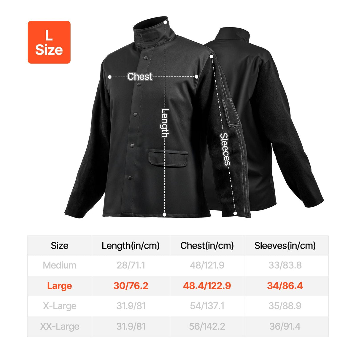 Flame-Resistant Welding Jacket - L Size, Heavy Duty Split Cowhide Leather Sleeve + 9 oz. FR Cotton Body, Heat-Resistant Welding Safety Jacket with Snap Buttons & Pockets, Ideal for Welder Fitter