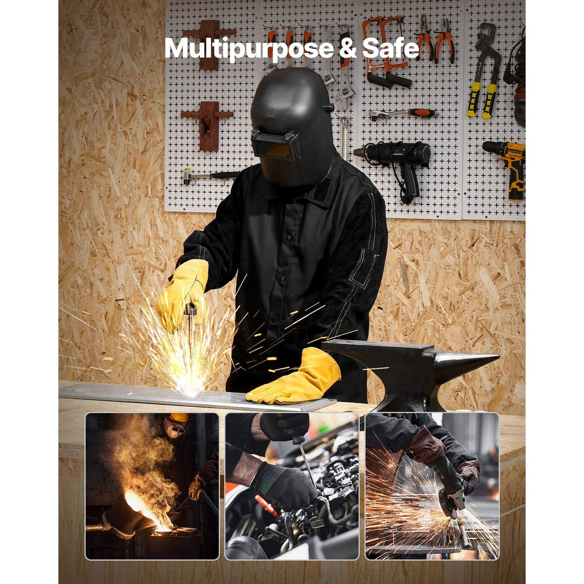 Flame-Resistant Welding Jacket - L Size, Heavy Duty Split Cowhide Leather Sleeve + 9 oz. FR Cotton Body, Heat-Resistant Welding Safety Jacket with Snap Buttons & Pockets, Ideal for Welder Fitter