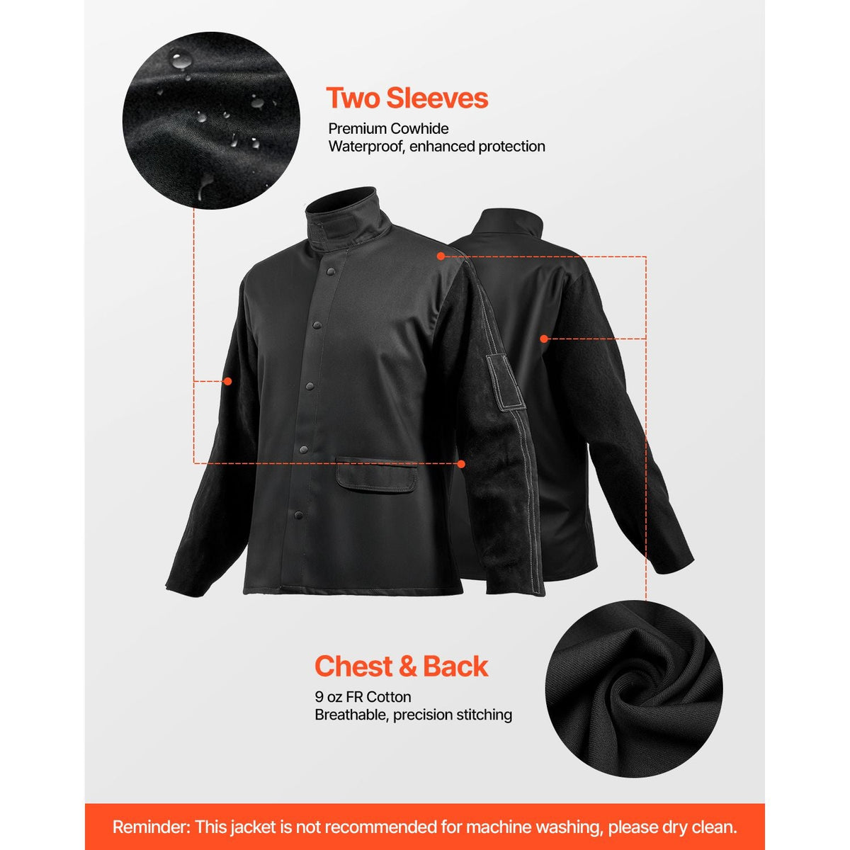 Flame-Resistant Welding Jacket - L Size, Heavy Duty Split Cowhide Leather Sleeve + 9 oz. FR Cotton Body, Heat-Resistant Welding Safety Jacket with Snap Buttons & Pockets, Ideal for Welder Fitter