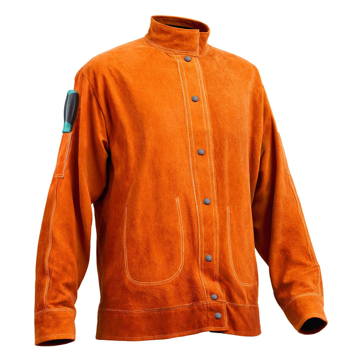 Flame-Resistant Welding Jacket - XL Size, Heavy Duty Cowhide Leather Welding Jacket, Waterproof Heat-Resistant Safety Jacket with Snap Buttons, 4 Pockets & Adjustable Cuffs for Welder Steelworks