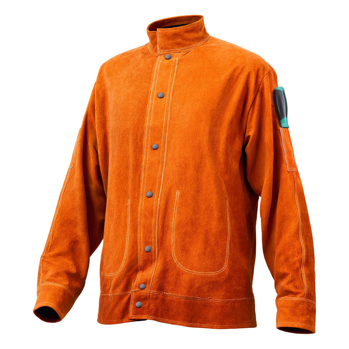 Flame-Resistant Welding Jacket - XL Size, Heavy Duty Cowhide Leather Welding Jacket, Waterproof Heat-Resistant Safety Jacket with Snap Buttons, 4 Pockets & Adjustable Cuffs for Welder Steelworks