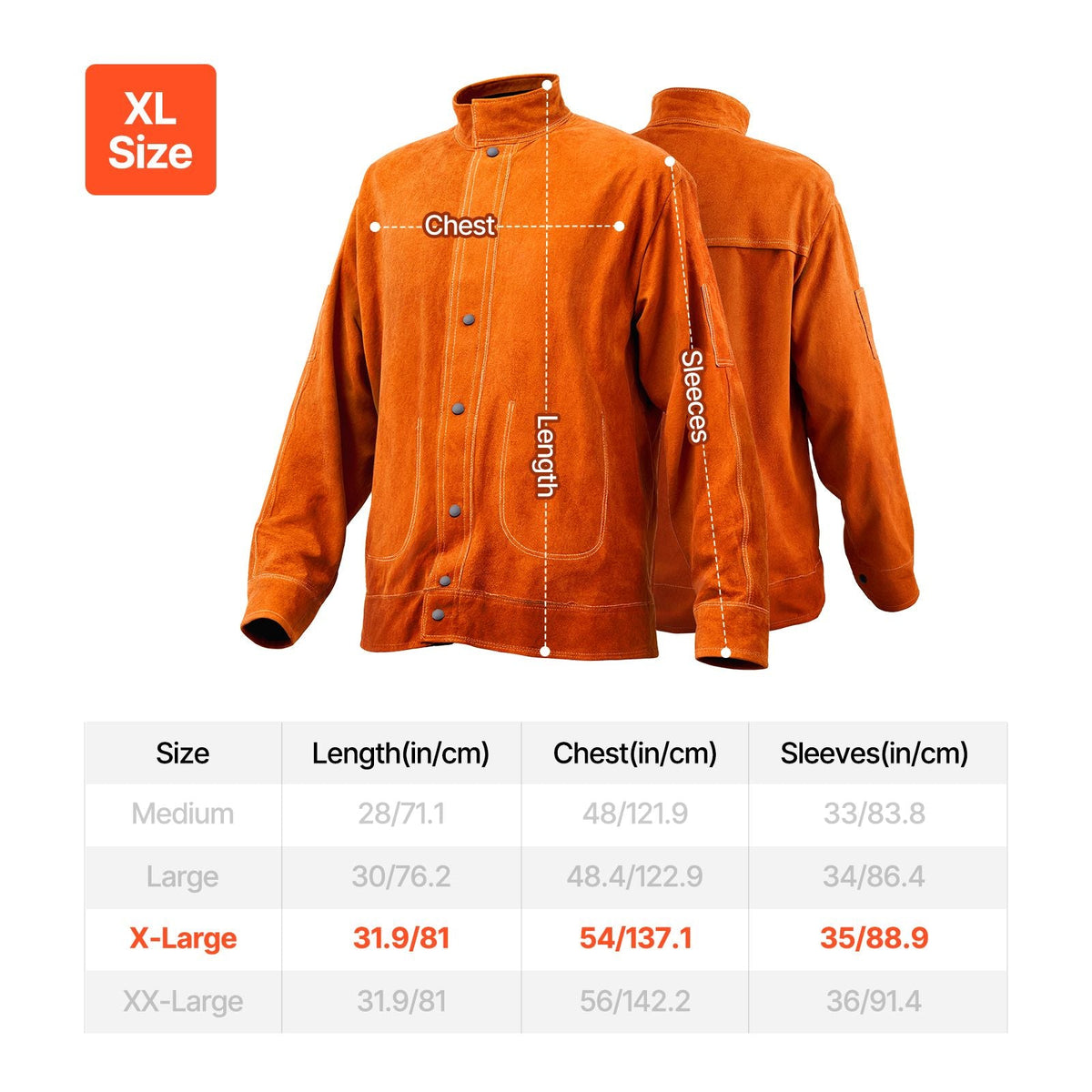 Flame-Resistant Welding Jacket - XL Size, Heavy Duty Cowhide Leather Welding Jacket, Waterproof Heat-Resistant Safety Jacket with Snap Buttons, 4 Pockets & Adjustable Cuffs for Welder Steelworks
