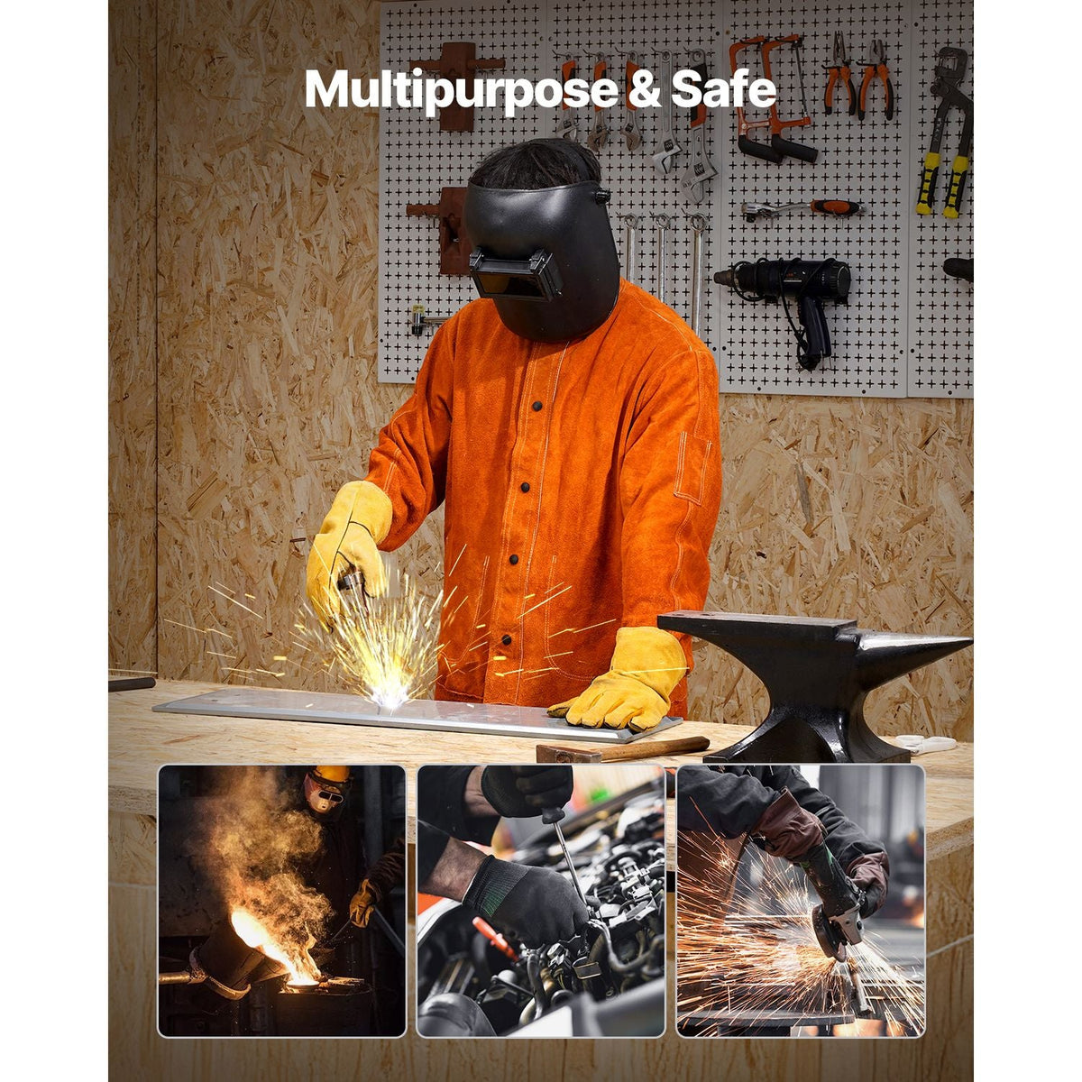 Flame-Resistant Welding Jacket - XL Size, Heavy Duty Cowhide Leather Welding Jacket, Waterproof Heat-Resistant Safety Jacket with Snap Buttons, 4 Pockets & Adjustable Cuffs for Welder Steelworks