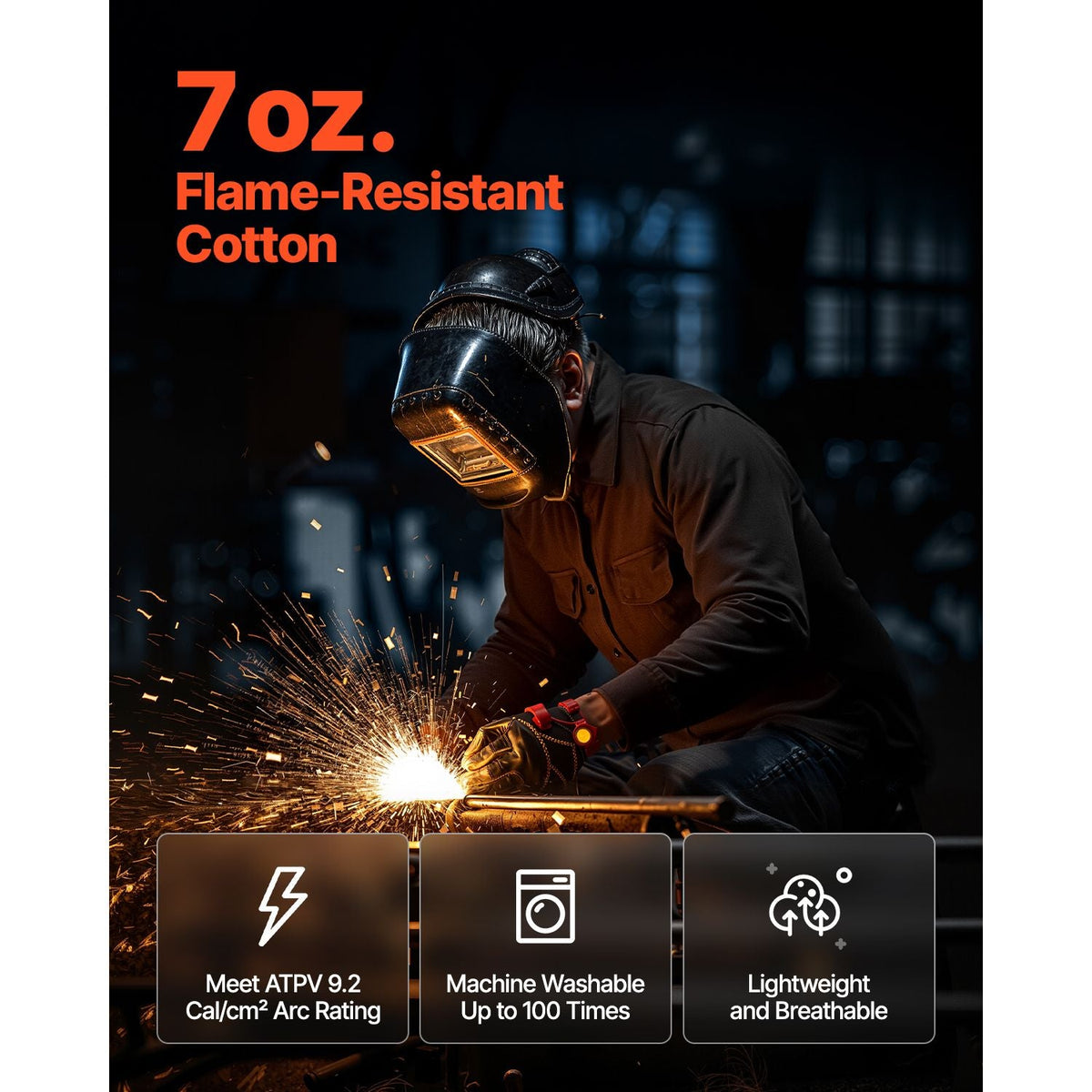 Flame Resistant Welding Jacket, 7oz. FR Shirts for Men, Machine Washable Cotton Heat-Resistant Welding Shirt, Meets ATPV 9.2 Cal/cm² Arc Rating - M Size