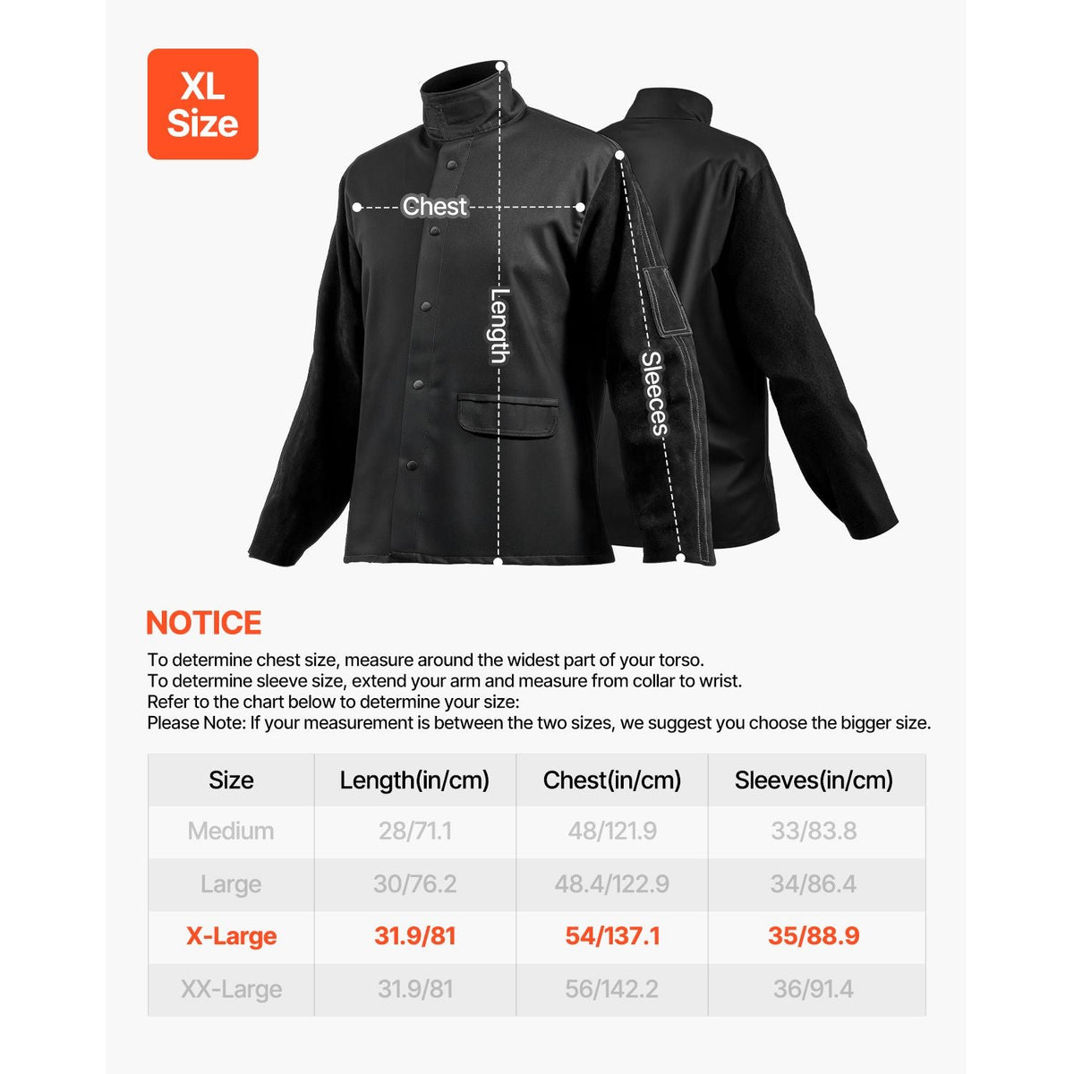 Flame Resistant Welding Jacket, Heavy Duty Split Cowhide Leather Sleeves + 9 oz. FR Pure Cotton Body, Heat-Resistant Welding Safety Jacket for Welder Fitters - XL Size