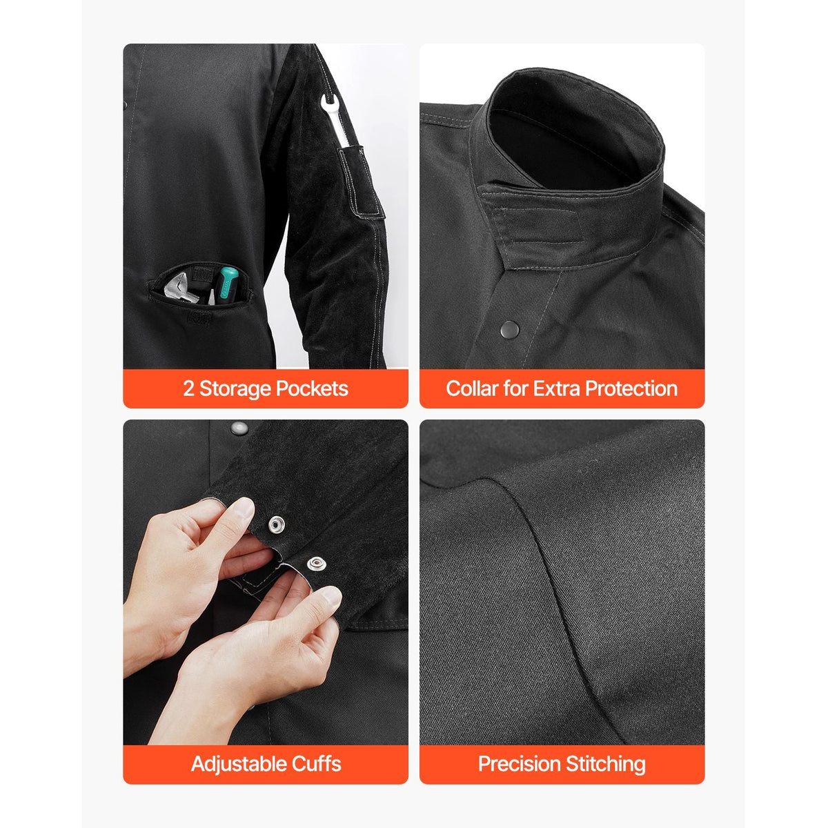 Flame Resistant Welding Jacket, Heavy Duty Split Cowhide Leather Sleeves + 9 oz. FR Pure Cotton Body, Heat-Resistant Welding Safety Jacket for Welder Fitters - XL Size