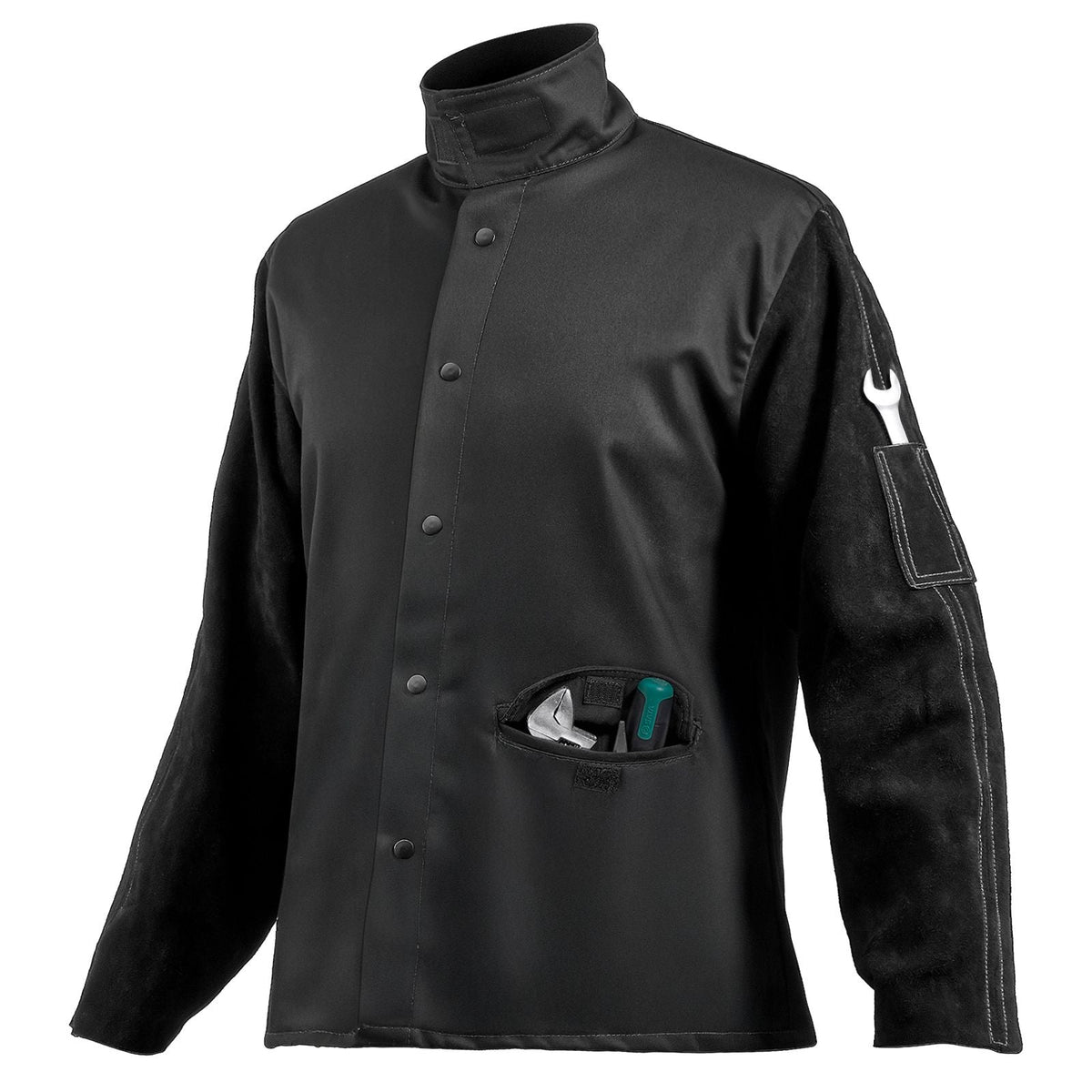Flame Resistant Welding Jacket, Heavy Duty Split Cowhide Leather Sleeves + 9 oz. FR Pure Cotton Body, Heat-Resistant Welding Safety Jacket for Welder Fitters - XXL Size