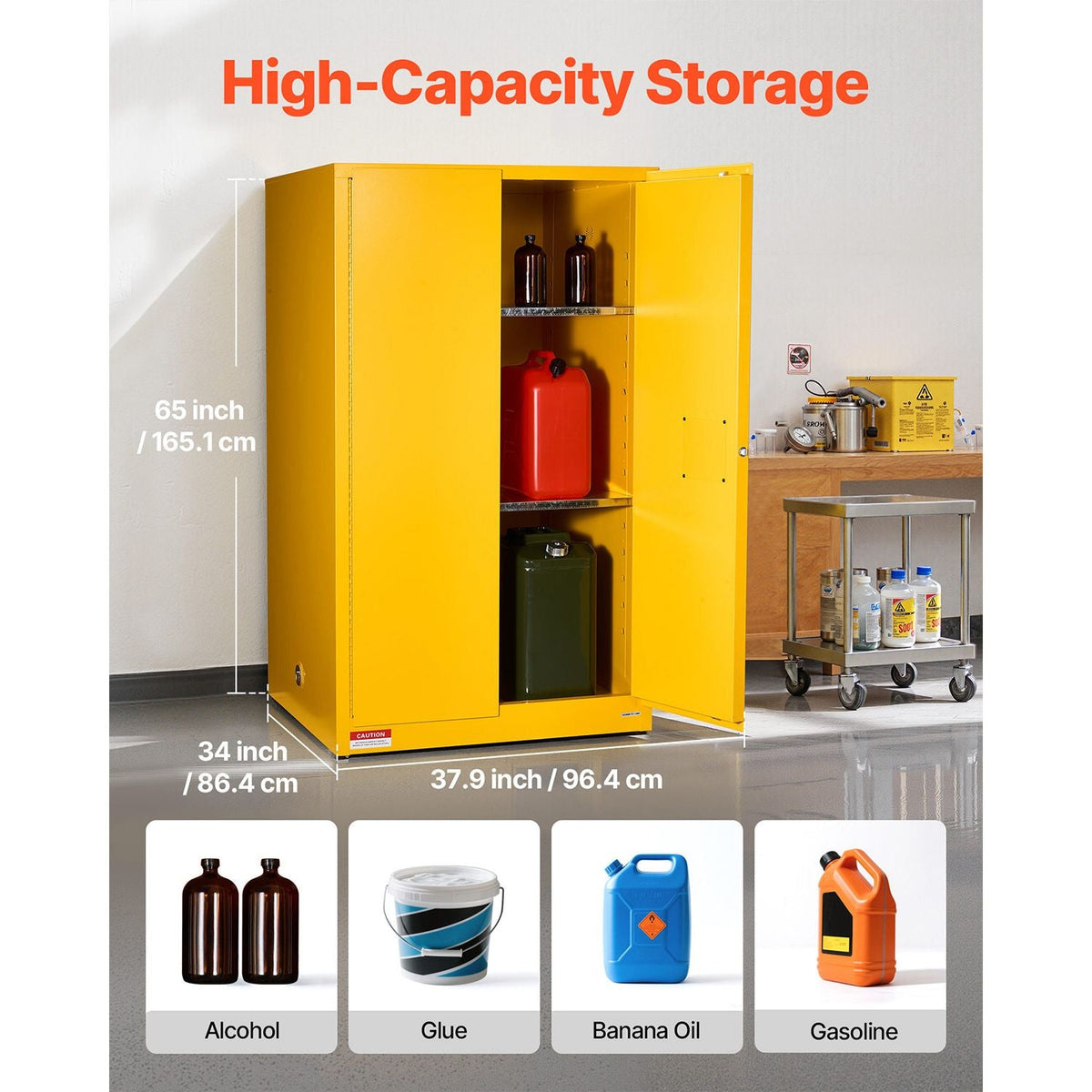 Flammable Cabinet, 37.9 x 34.0 x 65.0 Inch, 65 Gallon Flammable Storage Cabinet with Adjustable Shelf, Cold-Rolled and Galvanized Steel Fire Cabinets, for Commercial Industrial Home Use, Yellow
